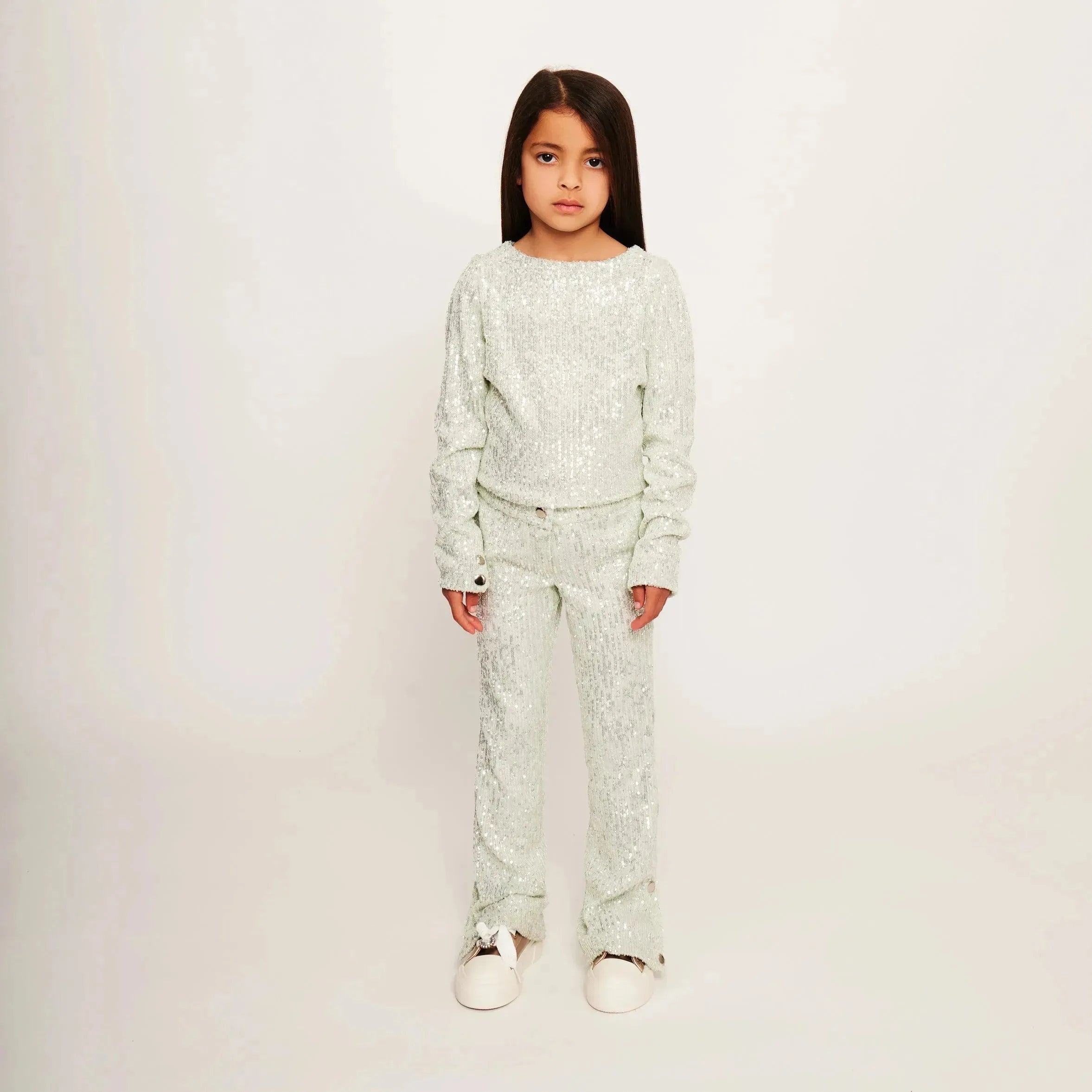 Jersey Sequin Pants with Button Detail