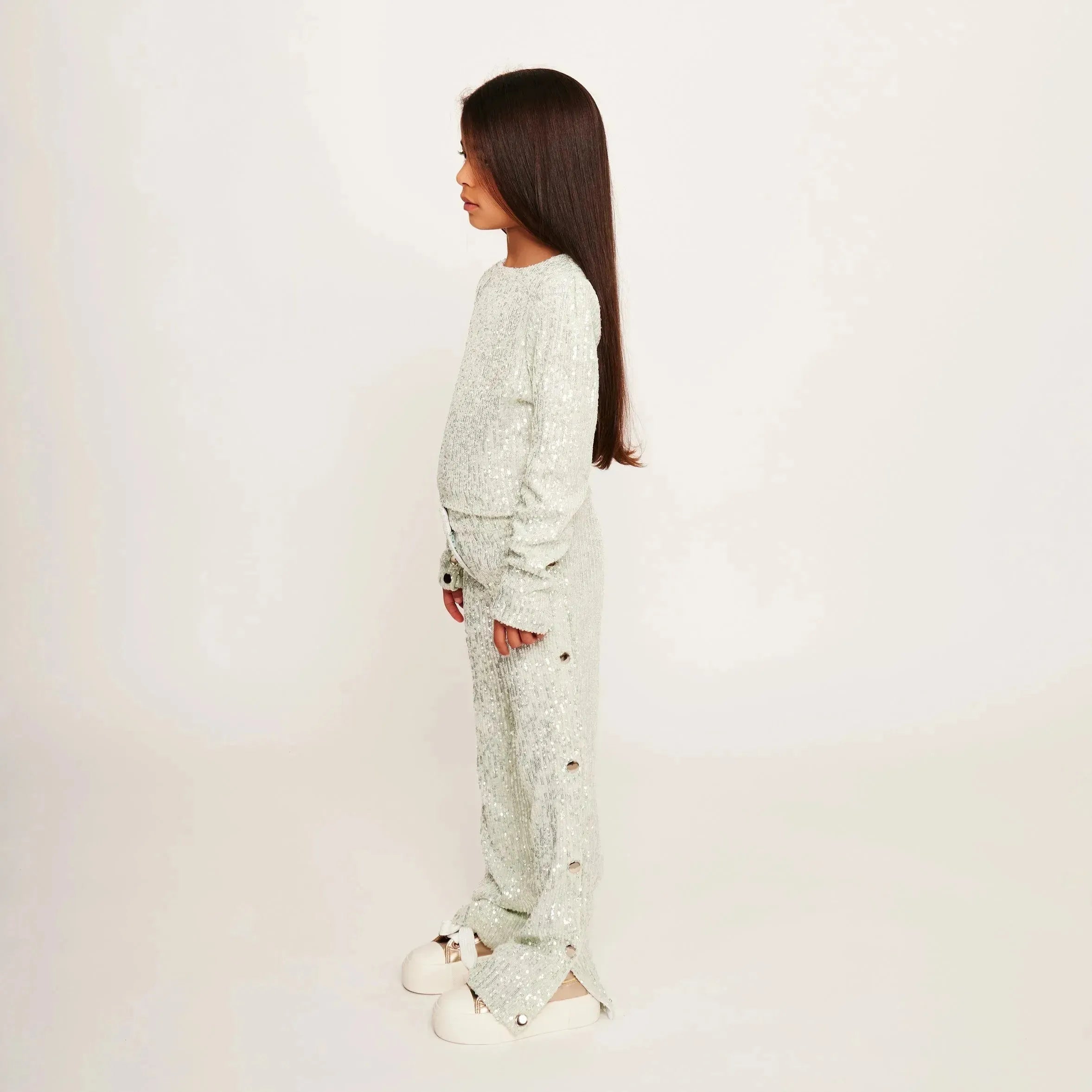 Jersey Sequin Pants with Button Detail