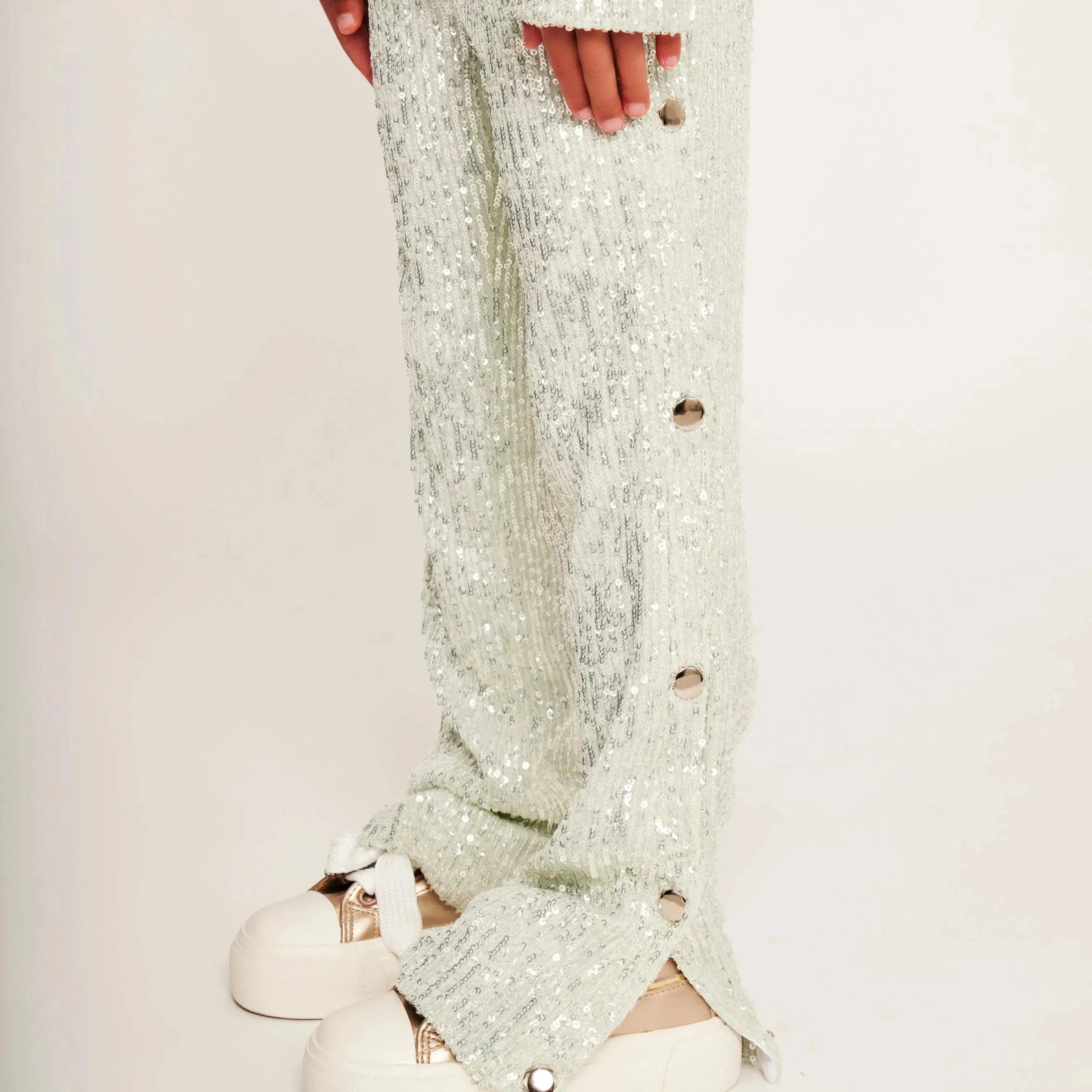 Jersey Sequin Pants with Button Detail