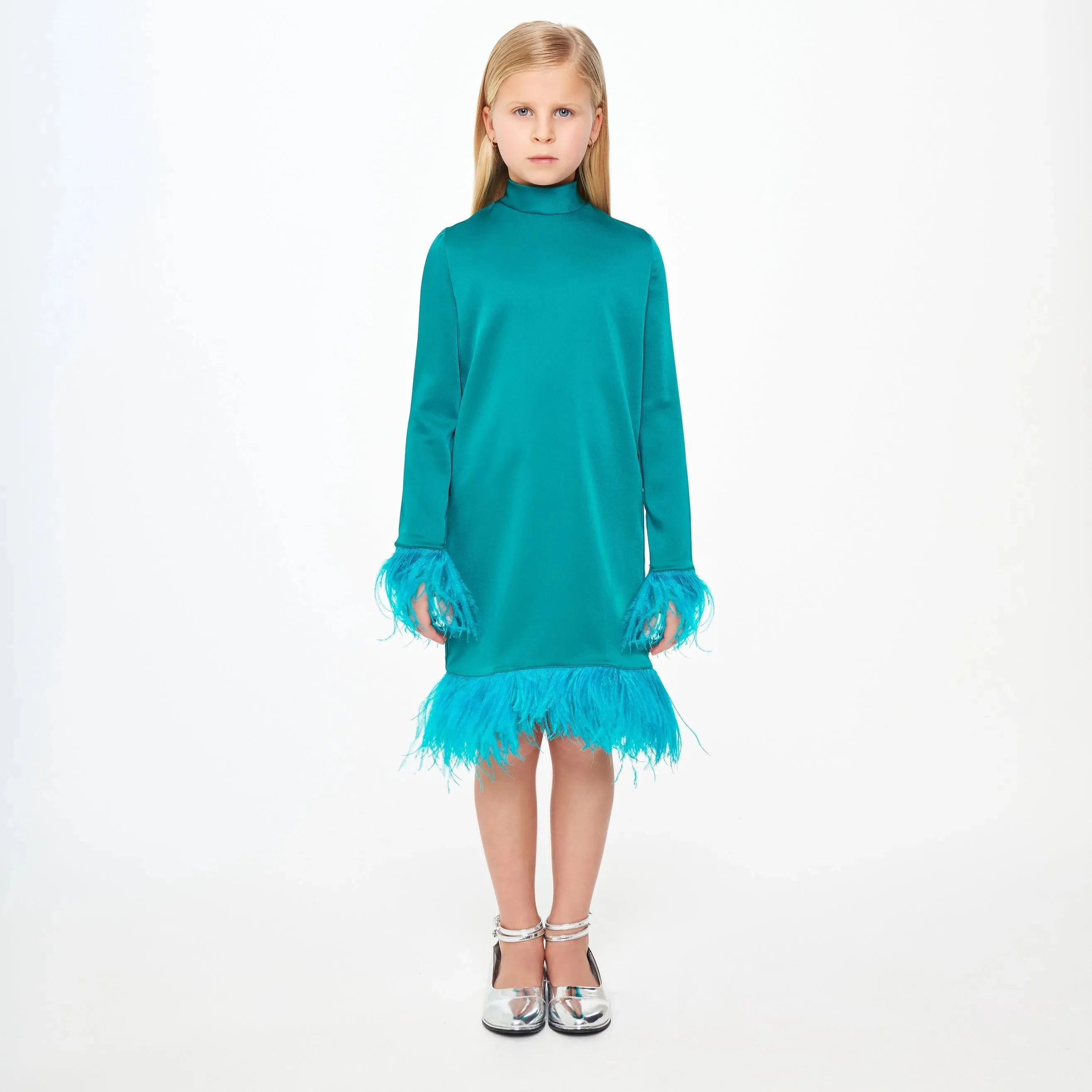 Satin High Neck Feather Dress