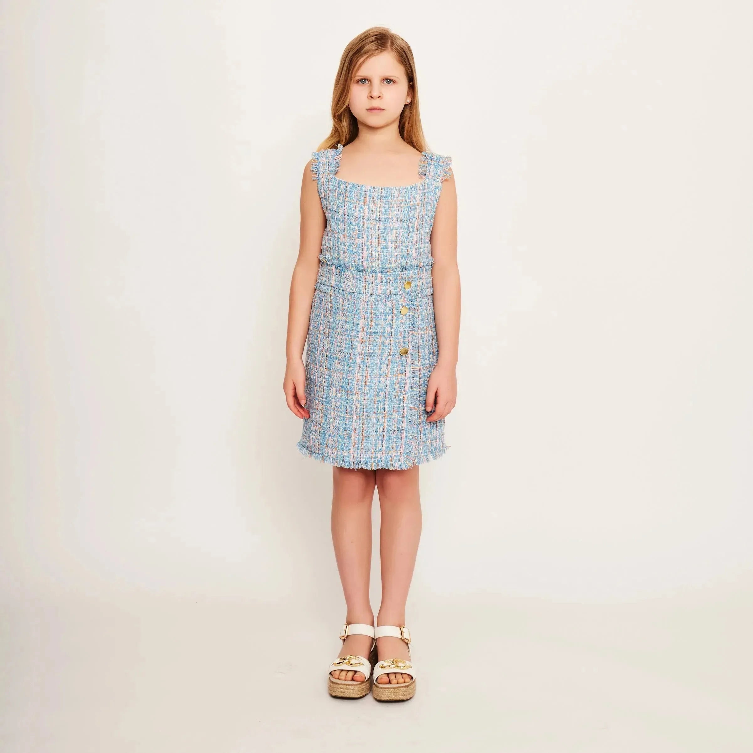 Blue Sleeveless Tweed Dress with Button Detail