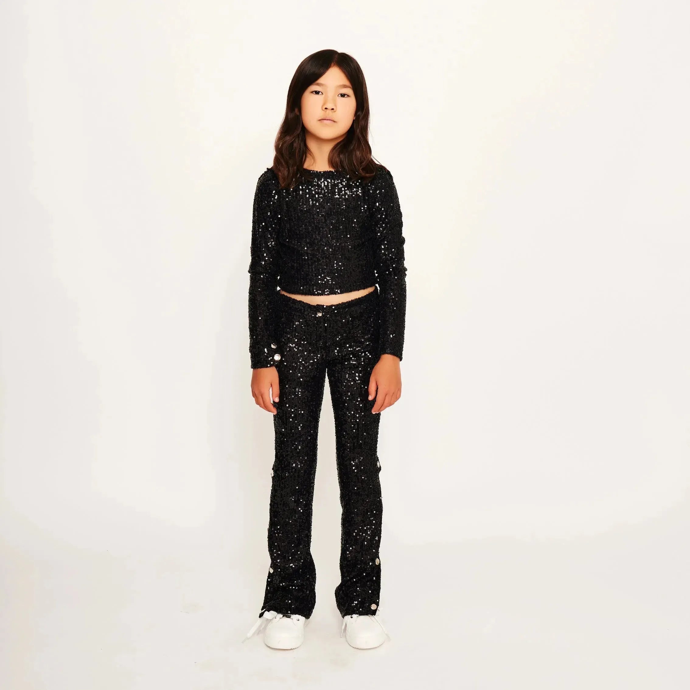 Jersey Sequin Top with Ruffled Sleeves and Button Detail