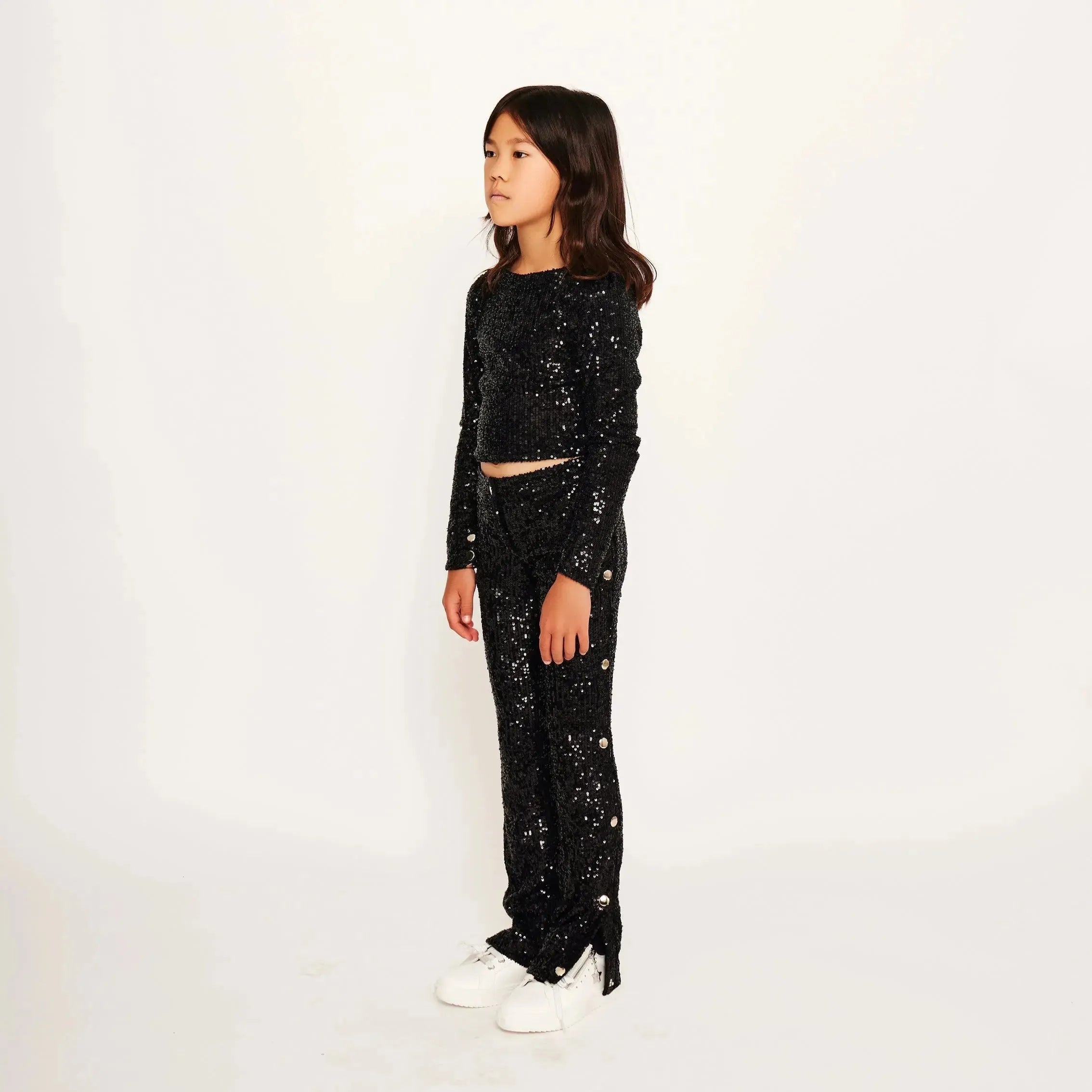 Jersey Sequin Pants with Button Detail