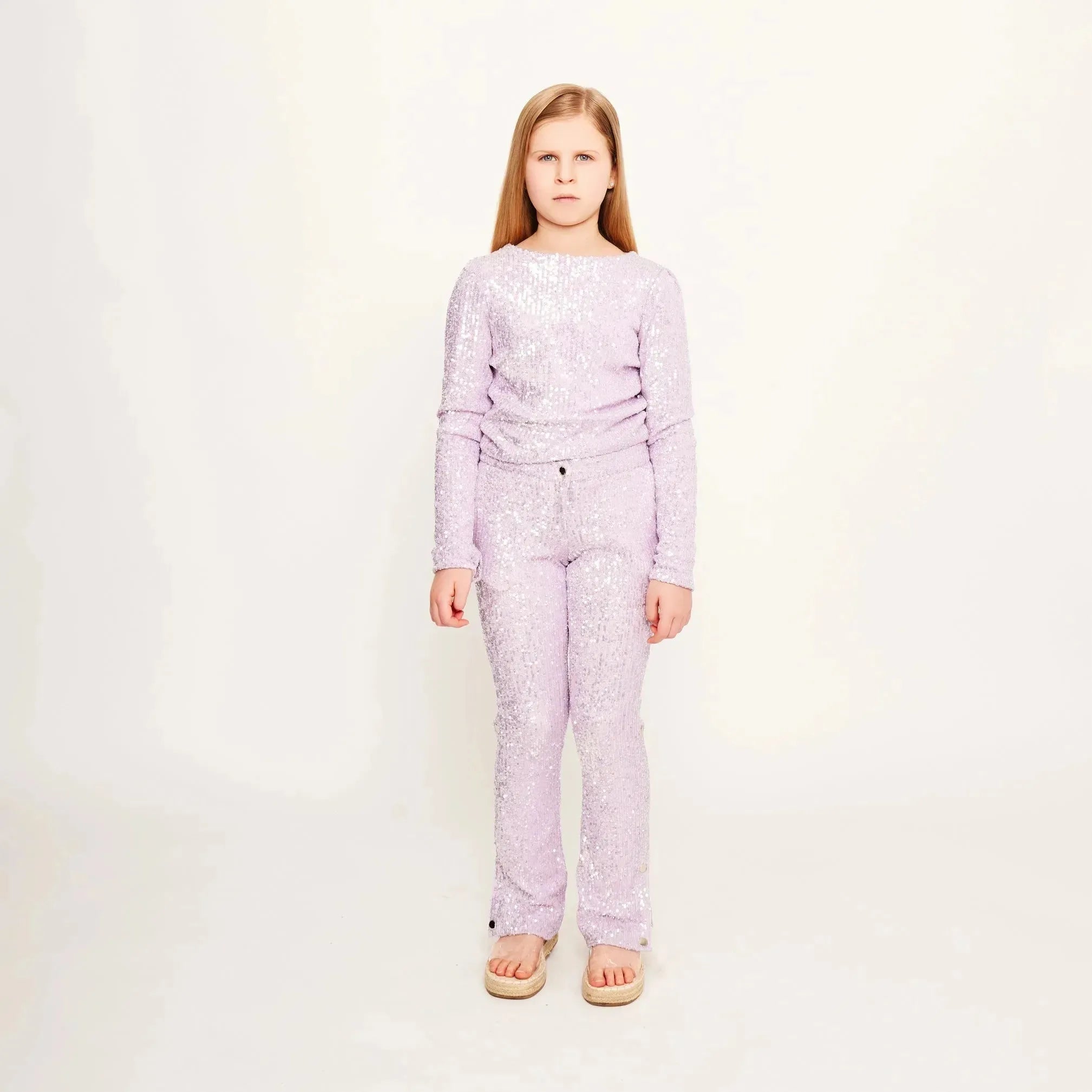 Jersey Sequin Top with Ruffled Sleeves and Button Detail