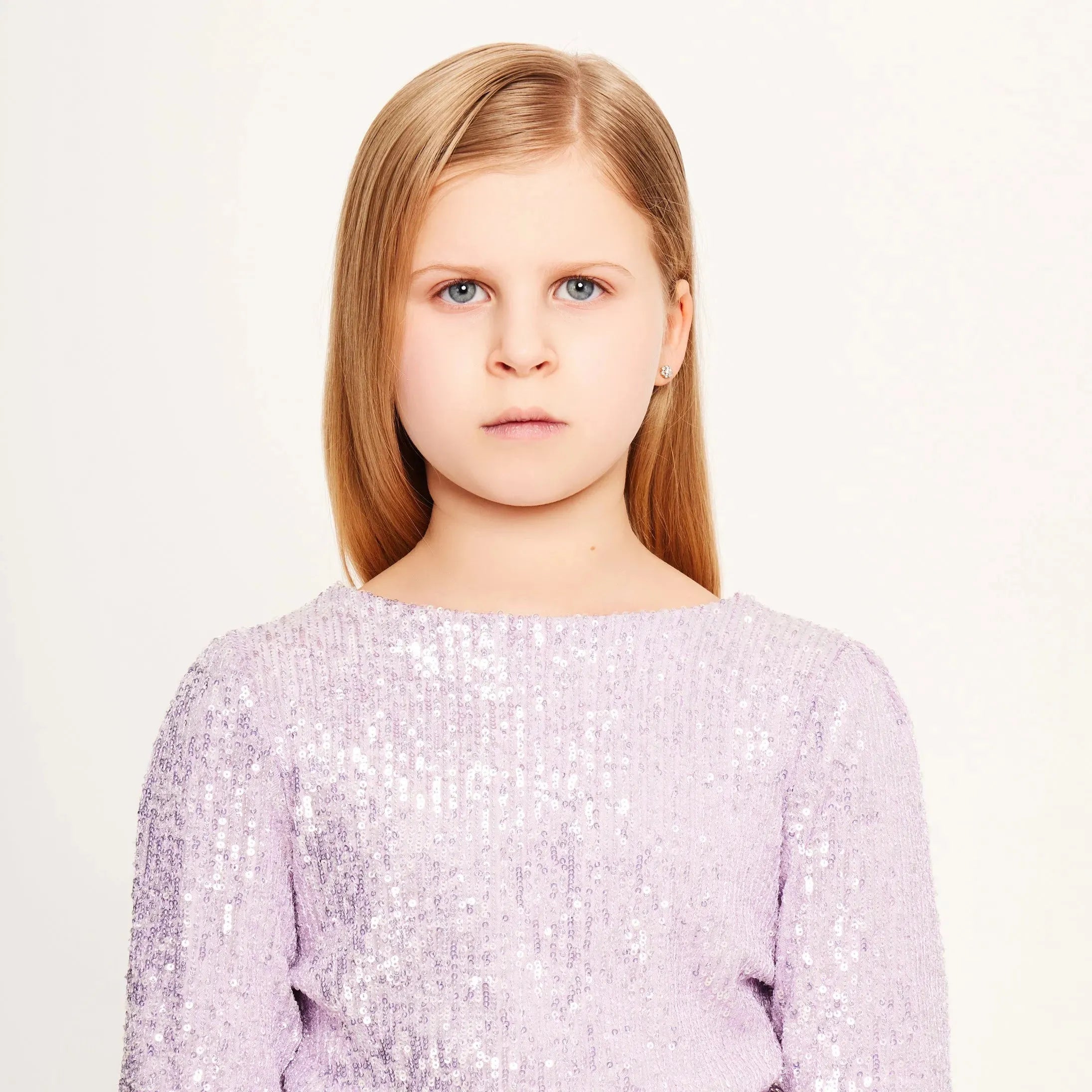 Jersey Sequin Top with Ruffled Sleeves and Button Detail