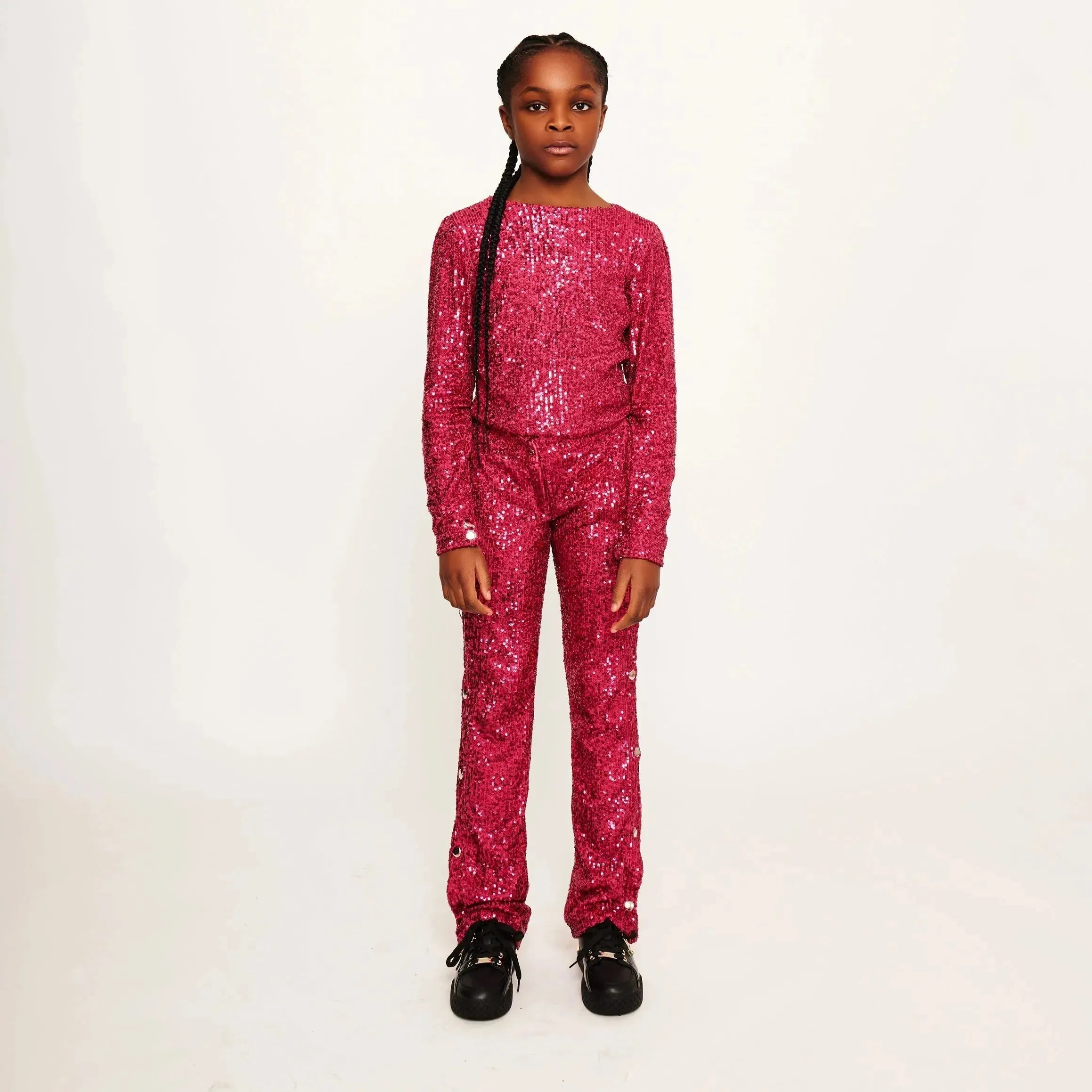 Jersey Sequin Top with Ruffled Sleeves and Button Detail