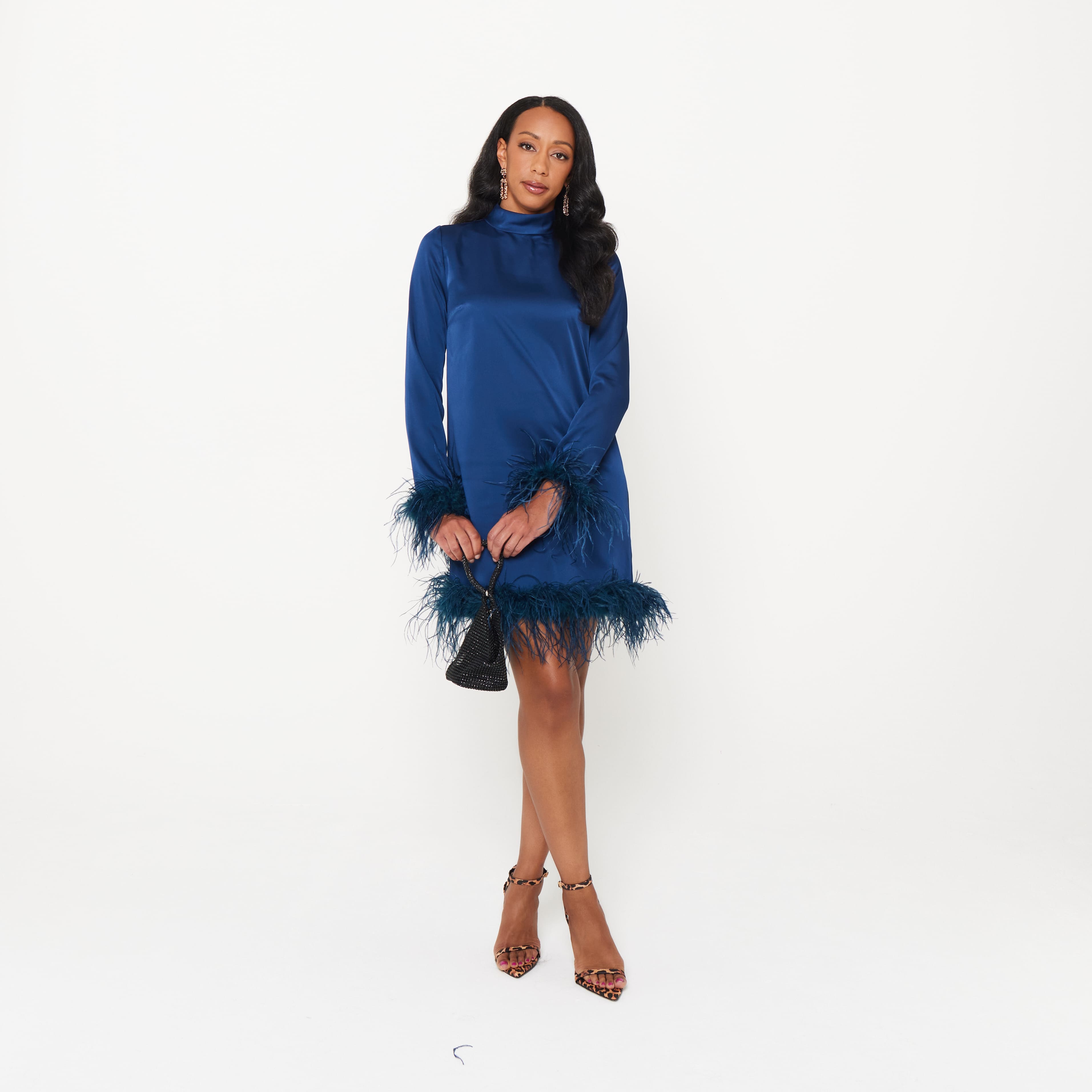 Women's Satin High Neck Feather Dress