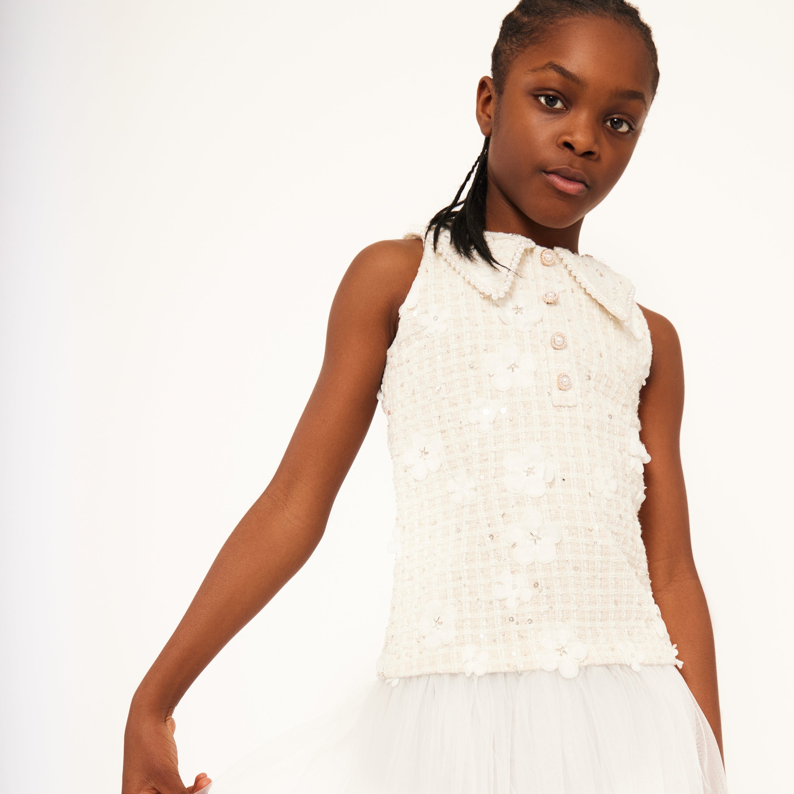 Tweed Sleeveless Dress with Tulle Hem