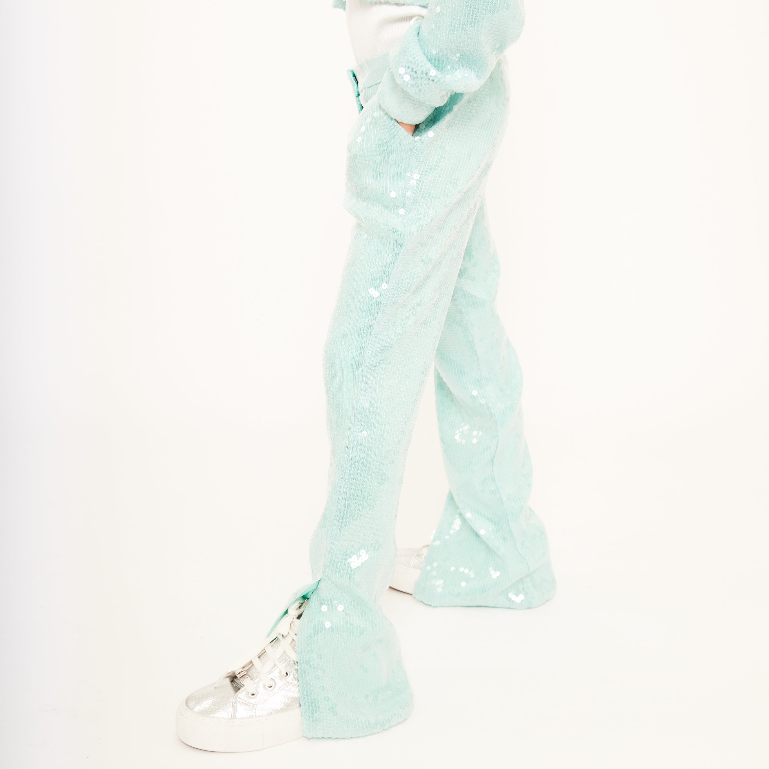 Water Sequin Trousers with Split Hem