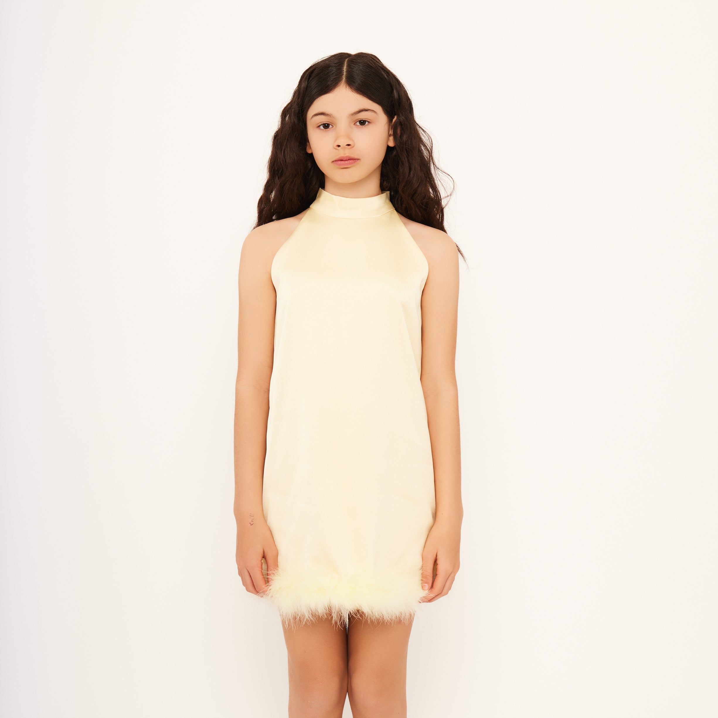 Satin Sleeveless High Neck Feather Dress