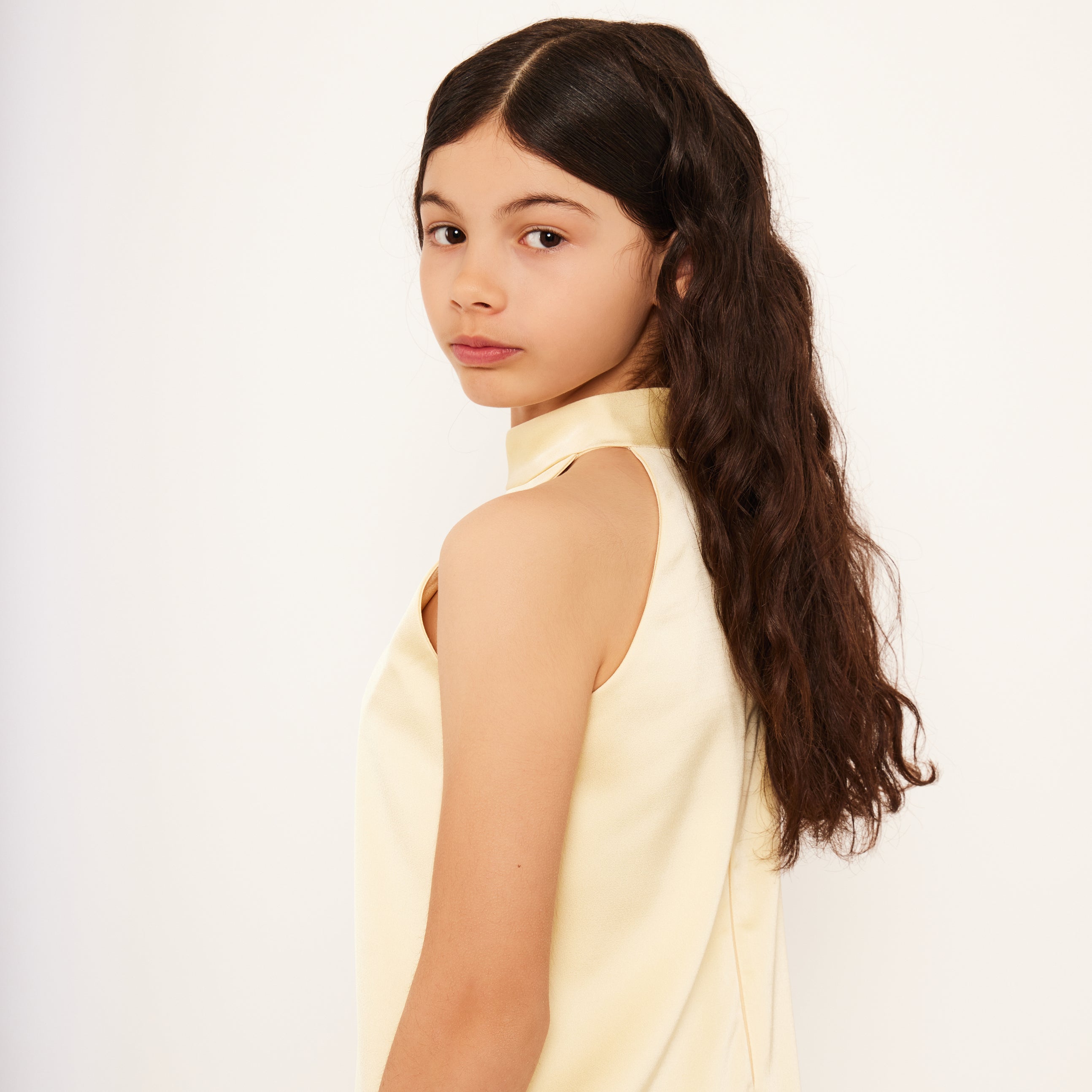 Satin Sleeveless High Neck Feather Dress