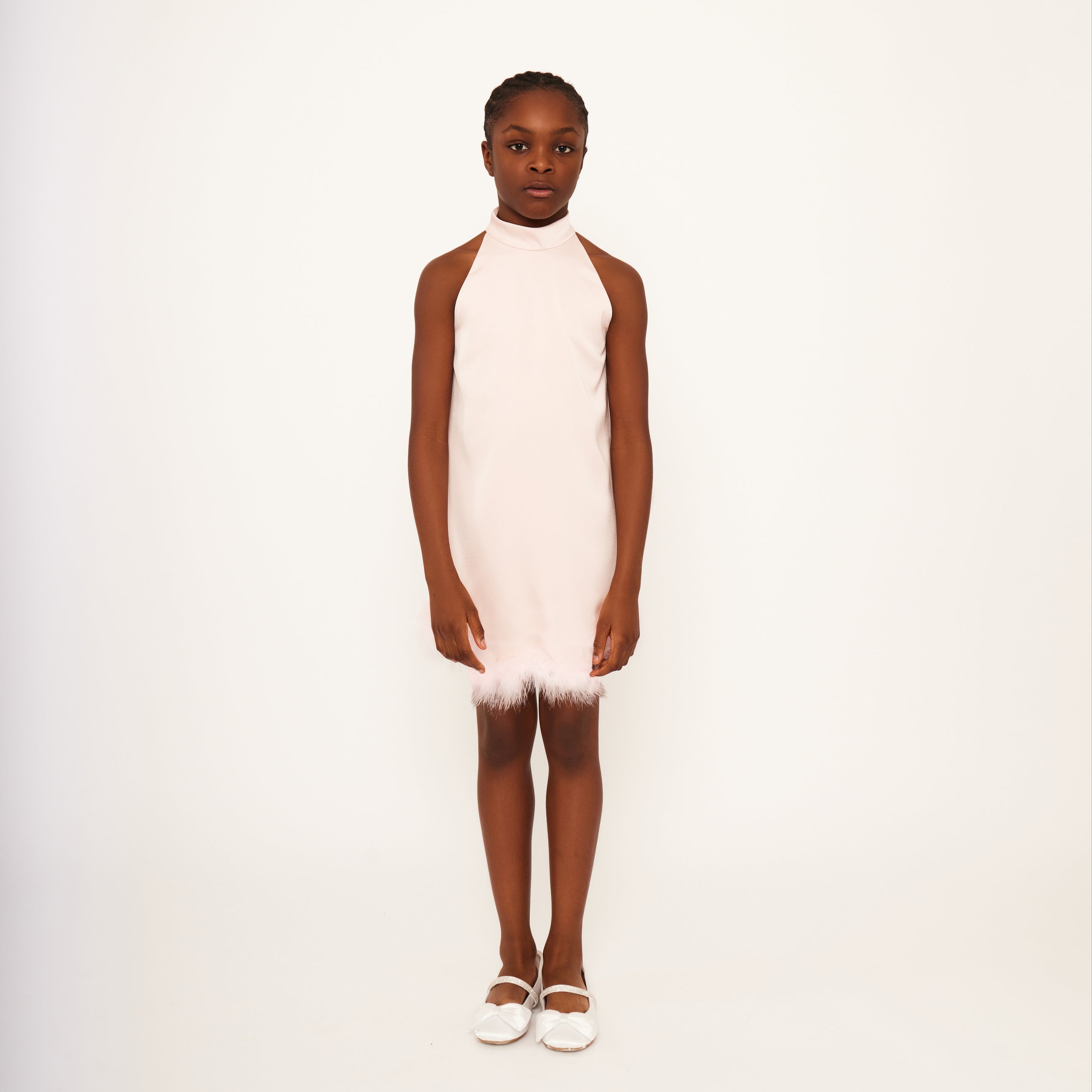 Satin Sleeveless High Neck Feather Dress