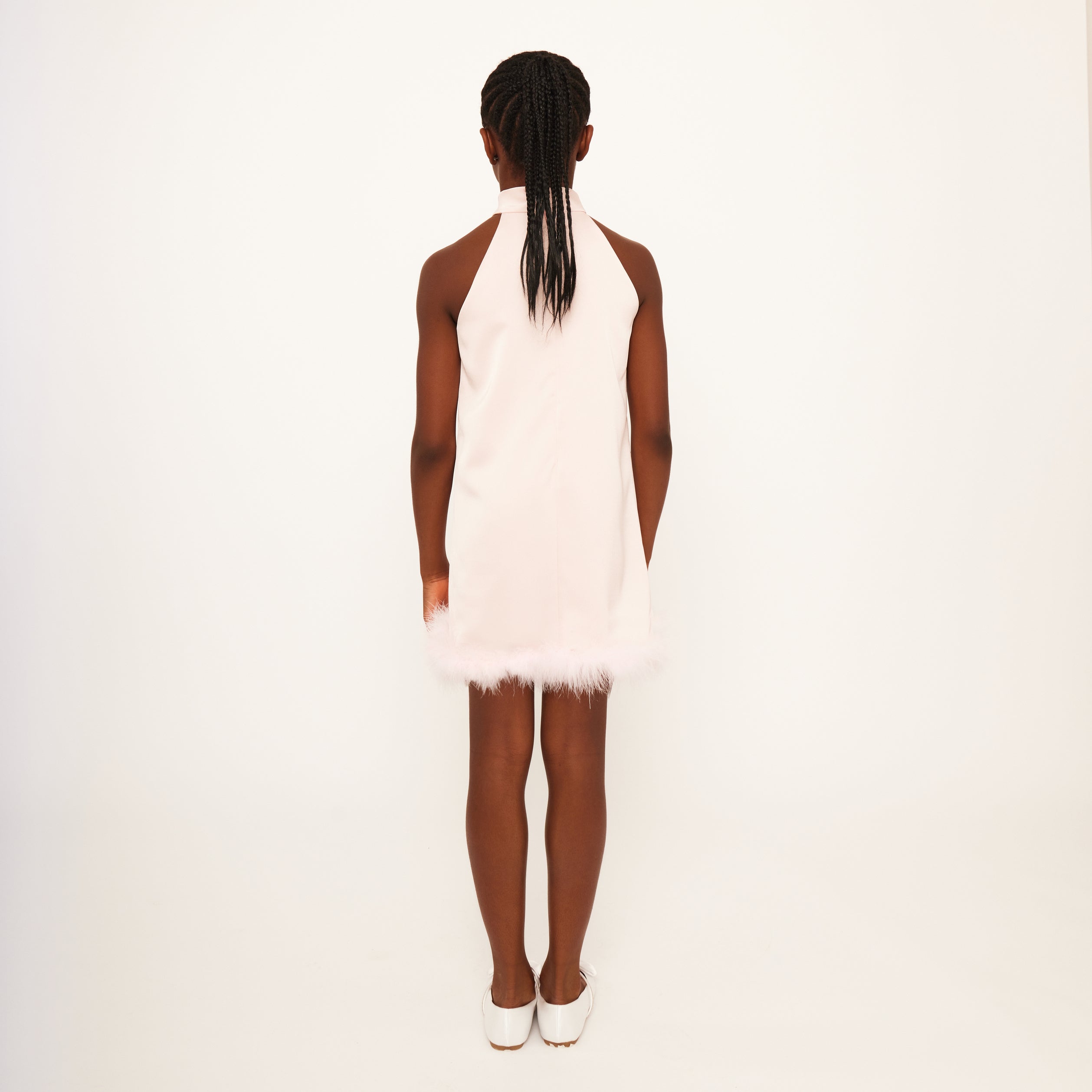 Satin Sleeveless High Neck Feather Dress