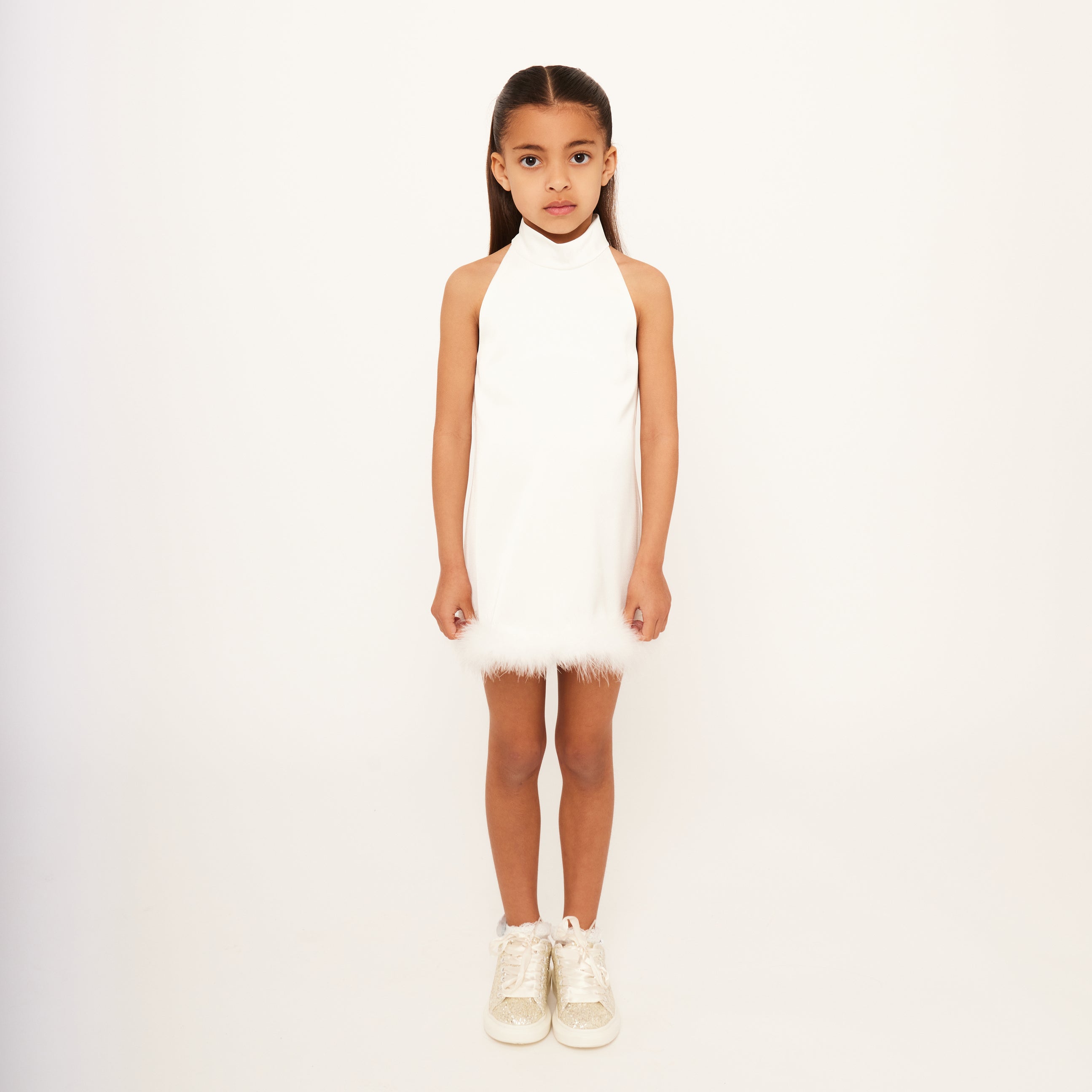 Satin Sleeveless High Neck Feather Dress