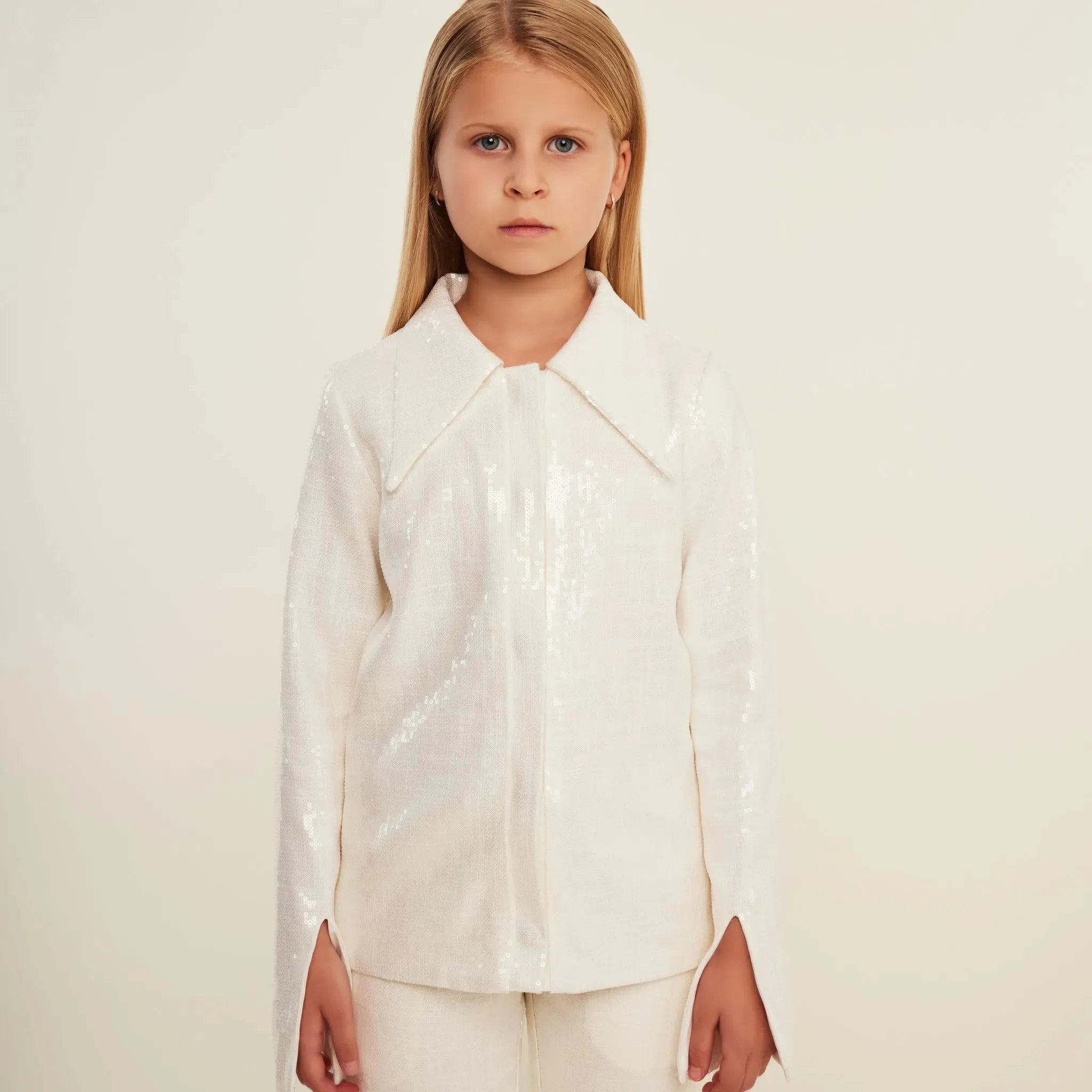 Large Collar Sequin Shirt with Split Cuff - White