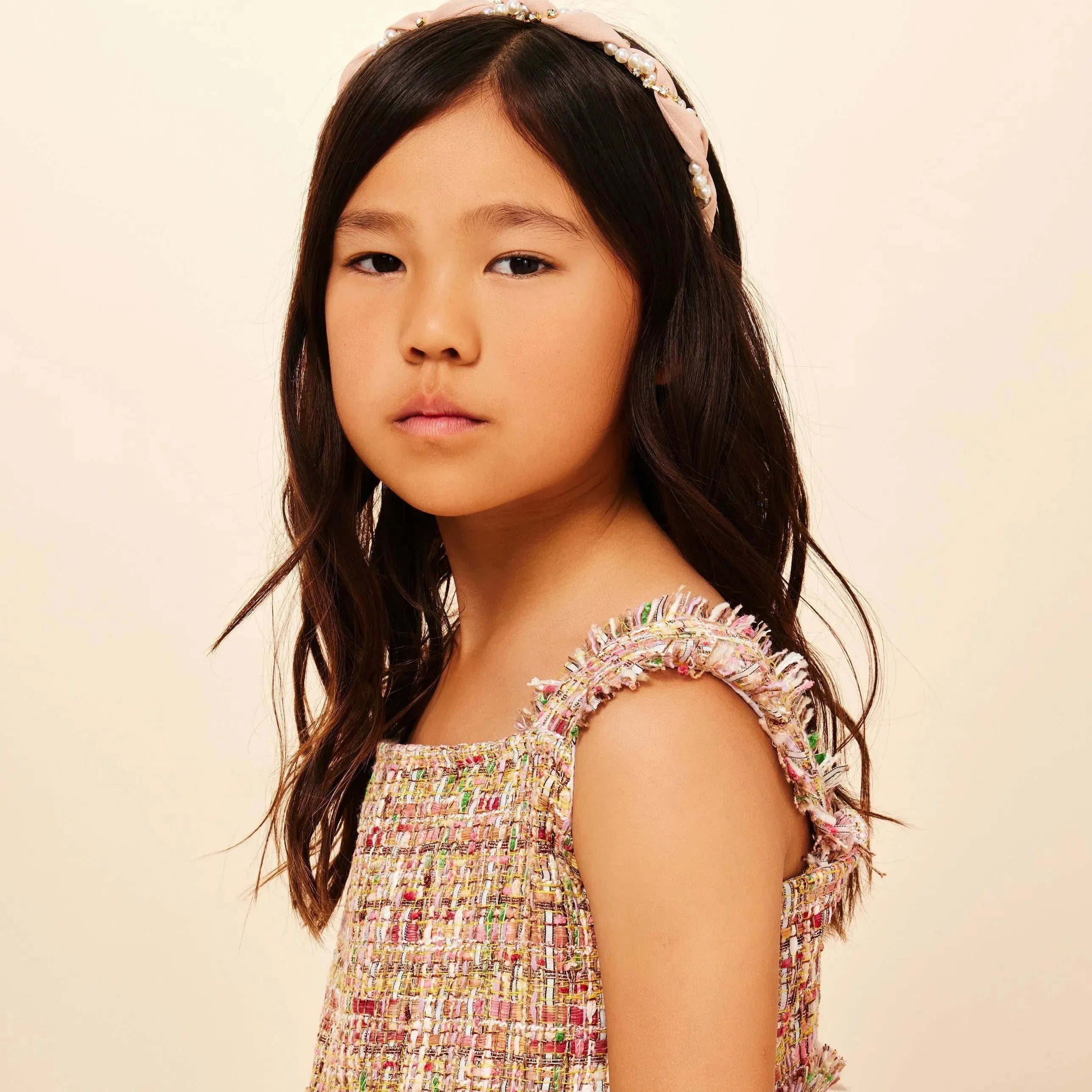 Sleeveless Tweed Dress with Button Detail