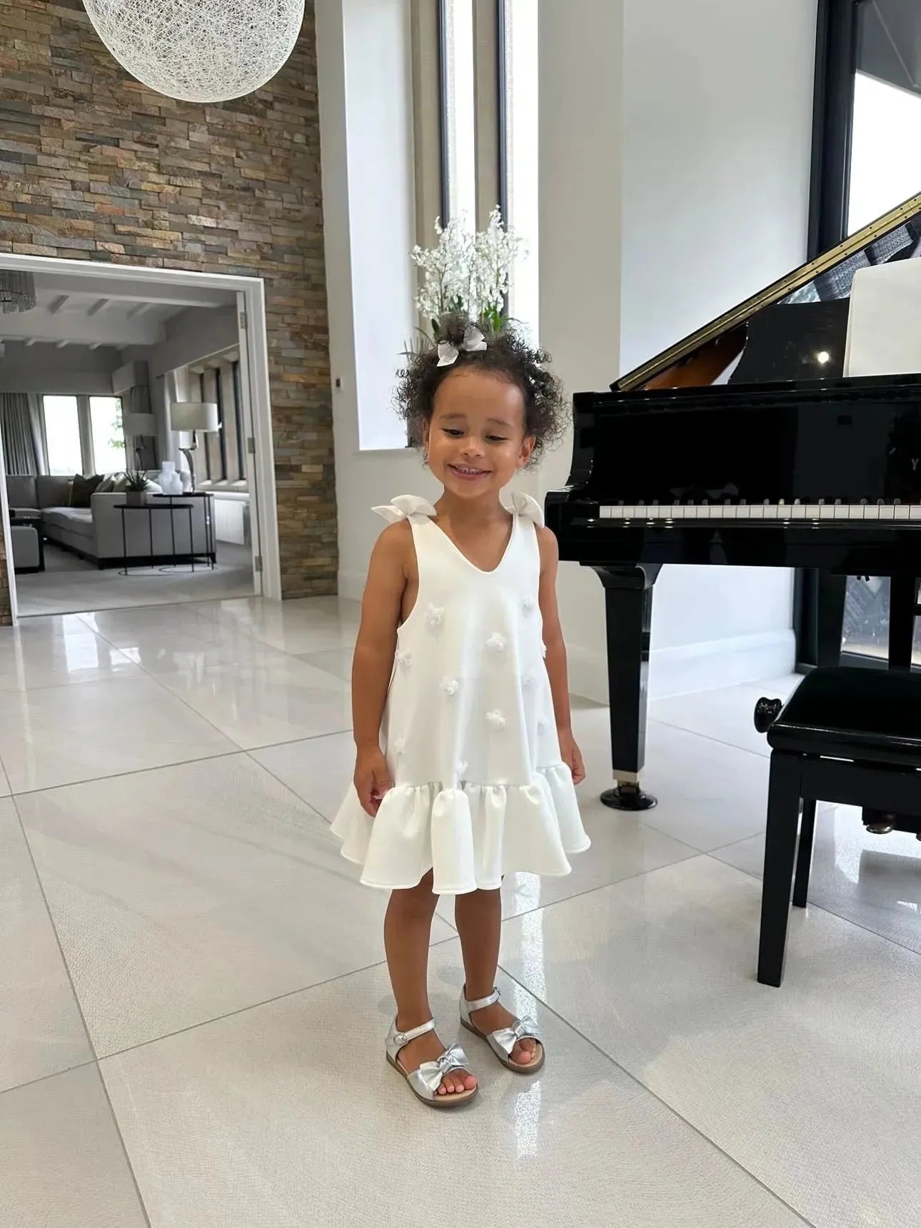 Flower Applique Gathered Dress