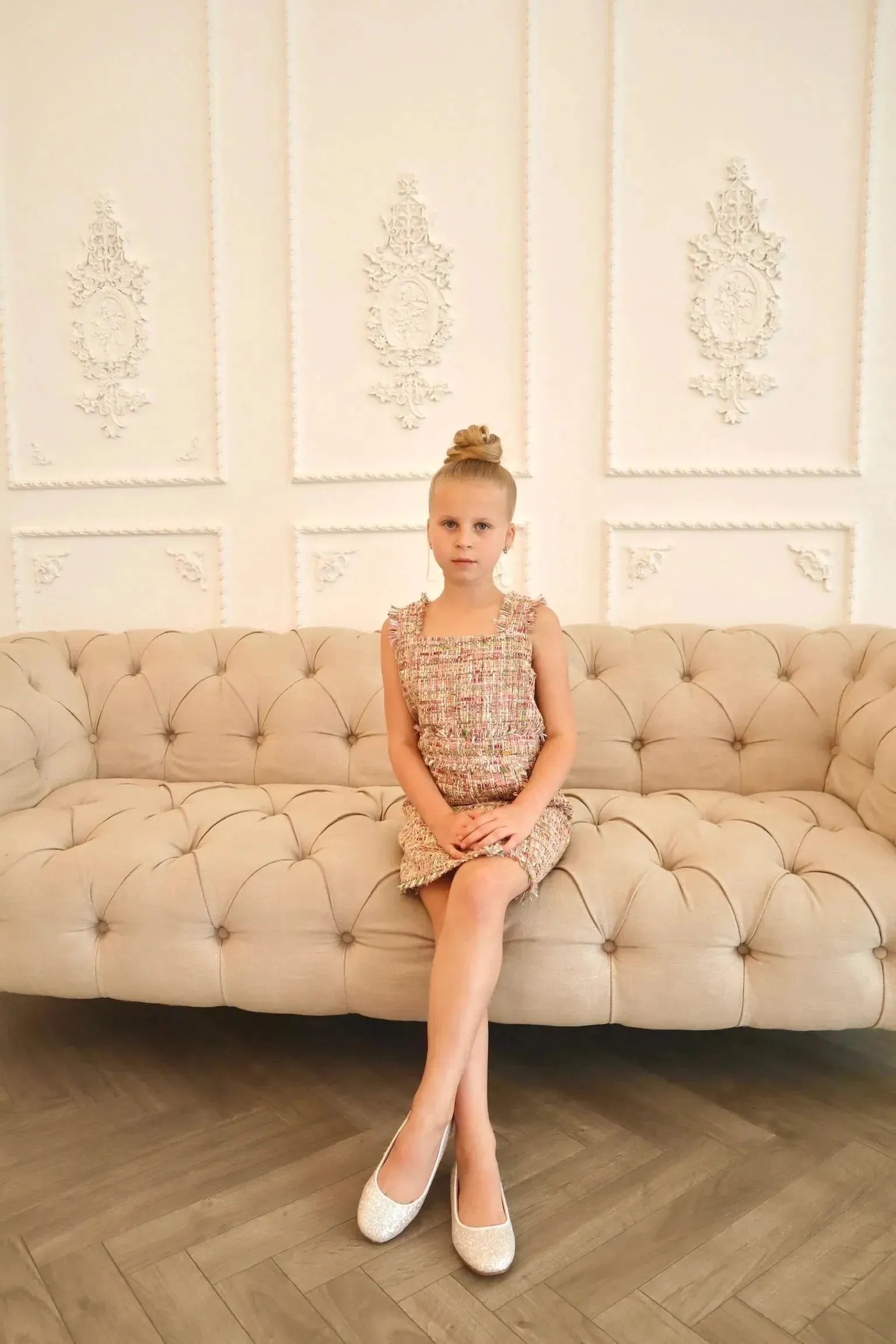 Sleeveless Tweed Dress with Button Detail