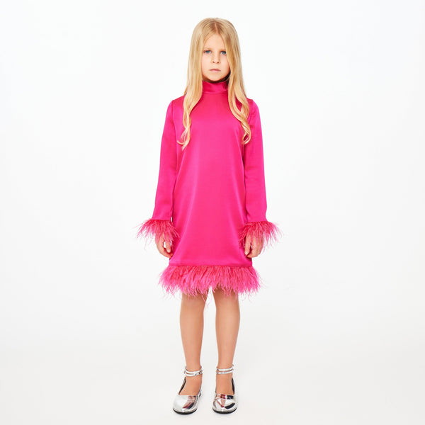 Pink Satin High Neck Feather Dress