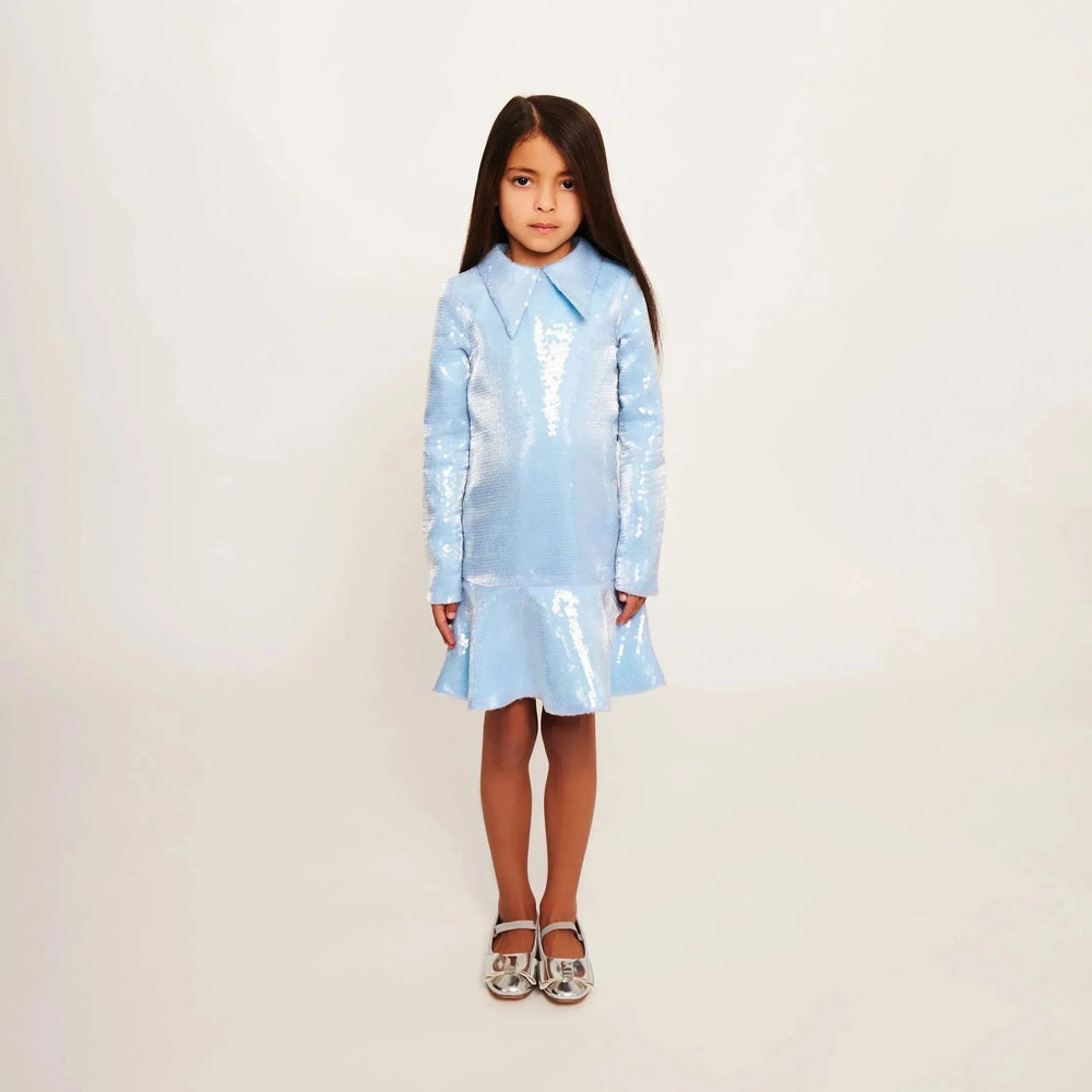 Water Effect Sequin Collar Dress - Sea Blue