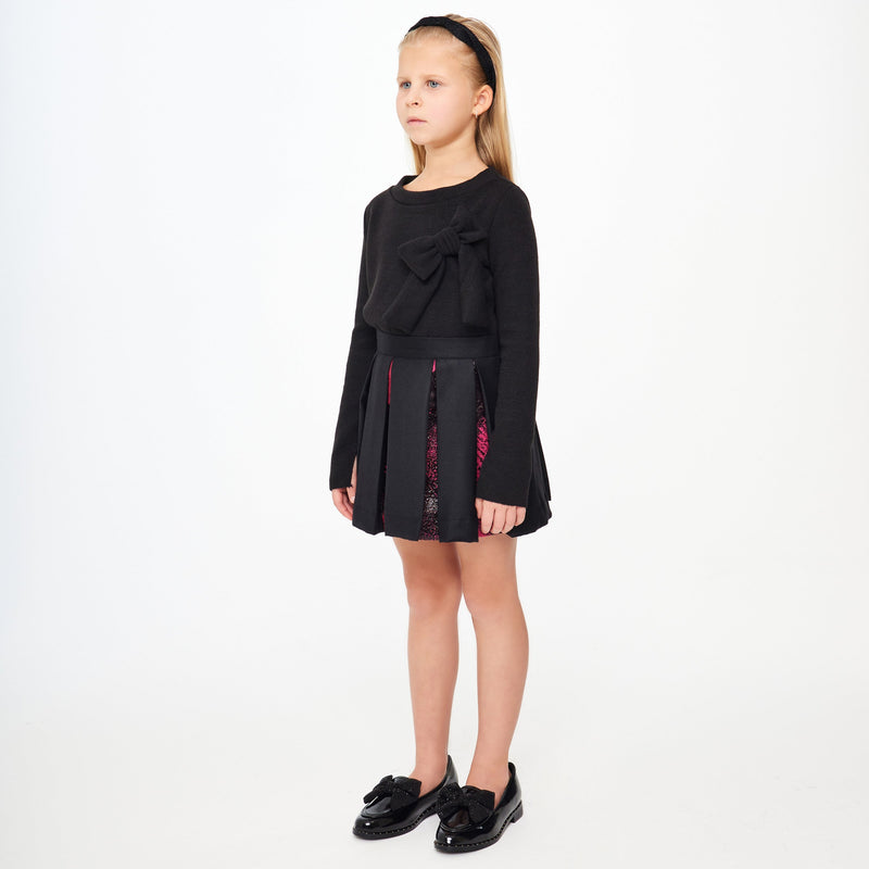 Black and Pink Wool and Silk Pleated Skirt