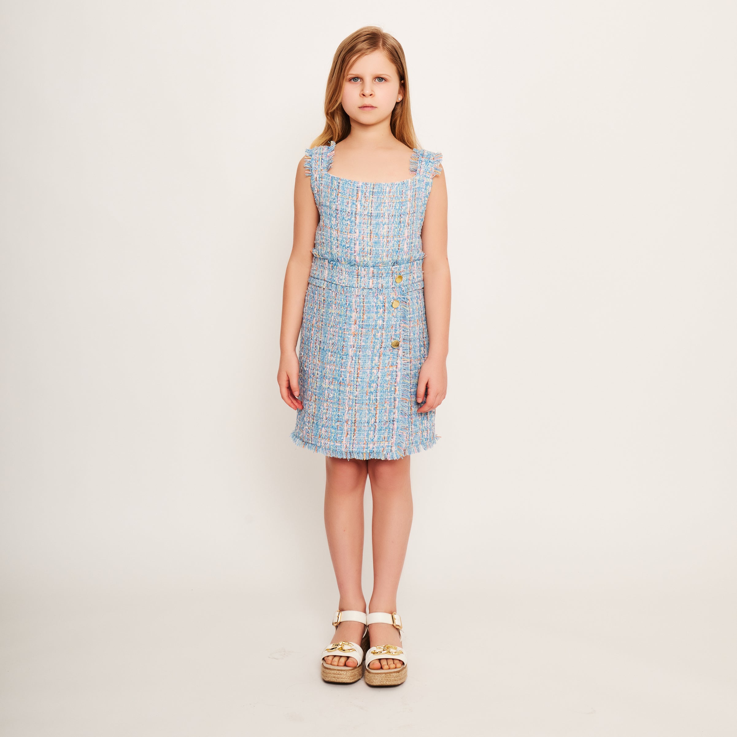 Blue Sleeveless Tweed Dress with Button Detail
