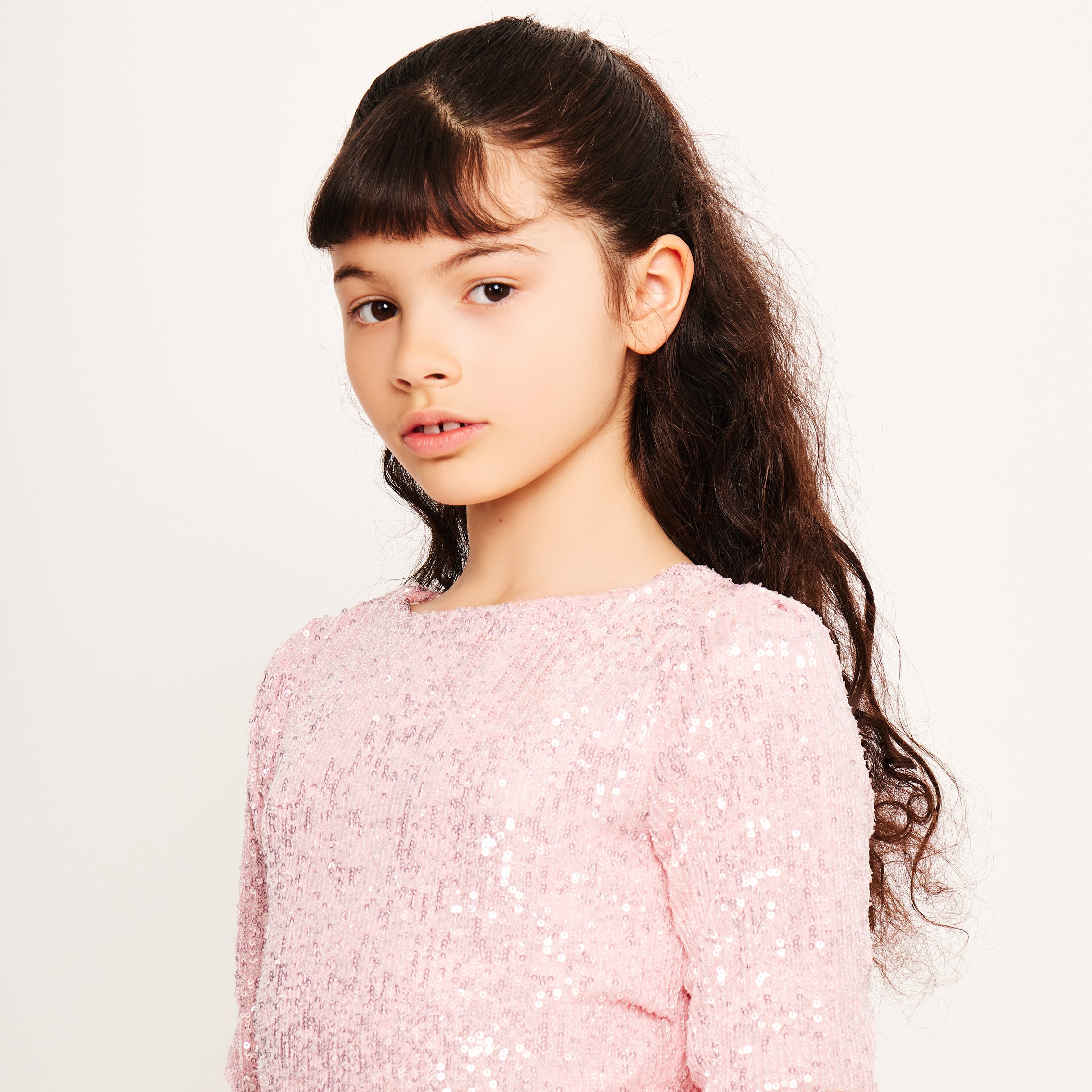 Jersey Sequin Top with Ruffled Sleeves and Button Detail