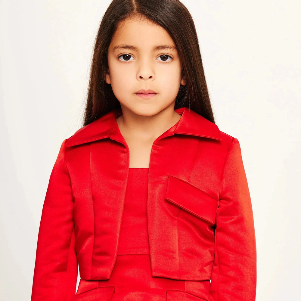 Satin Tailored Cropped Jacket - Cherry Red