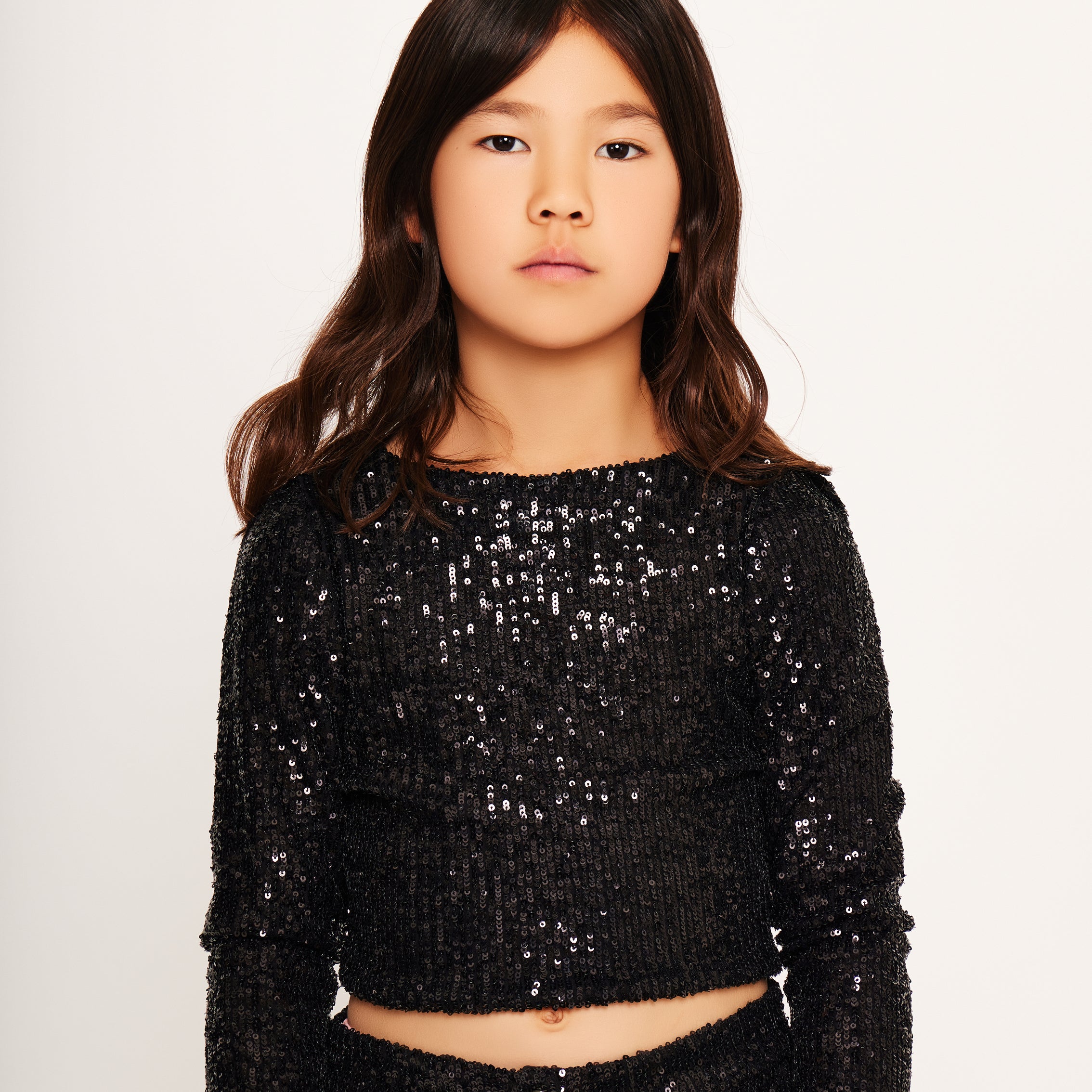Jersey Sequin Top with Ruffled Sleeves and Button Detai