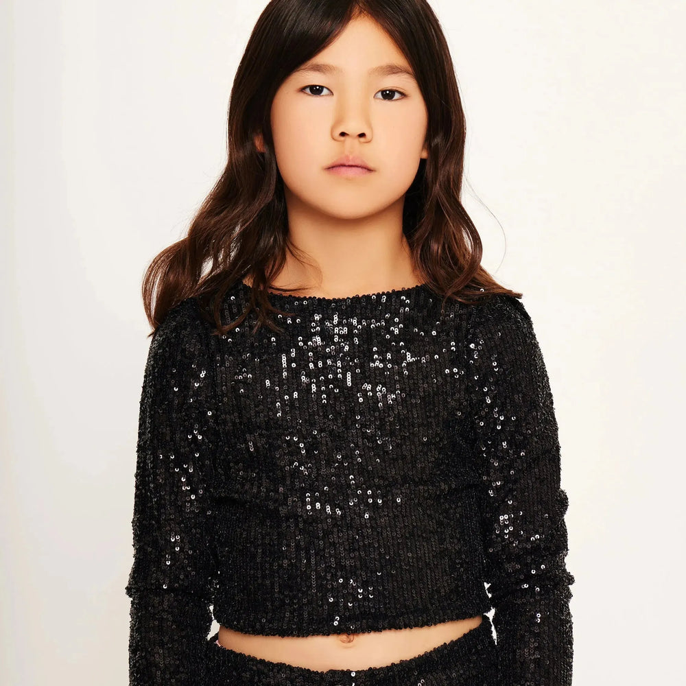 Jersey Sequin Top with Ruffled Sleeves and Button Detail