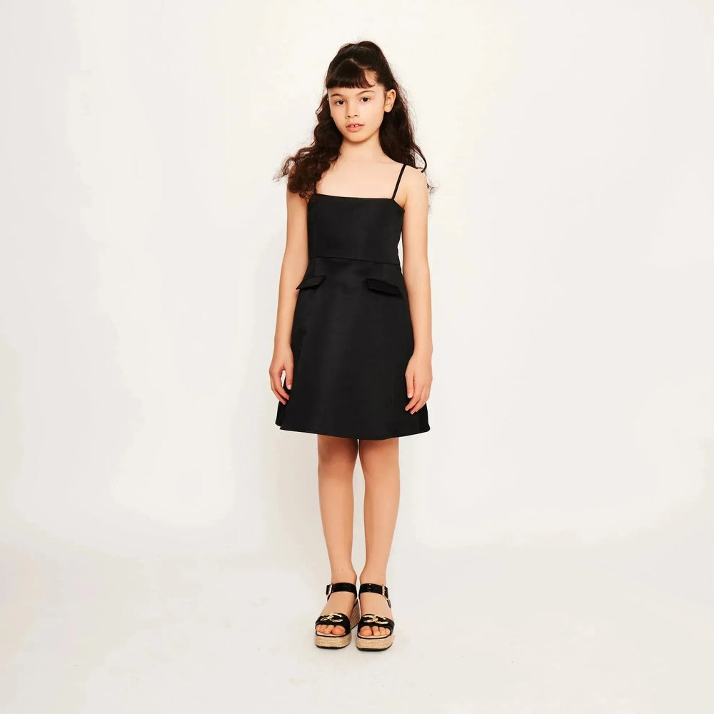 Satin A-Line Strap Dress - Black