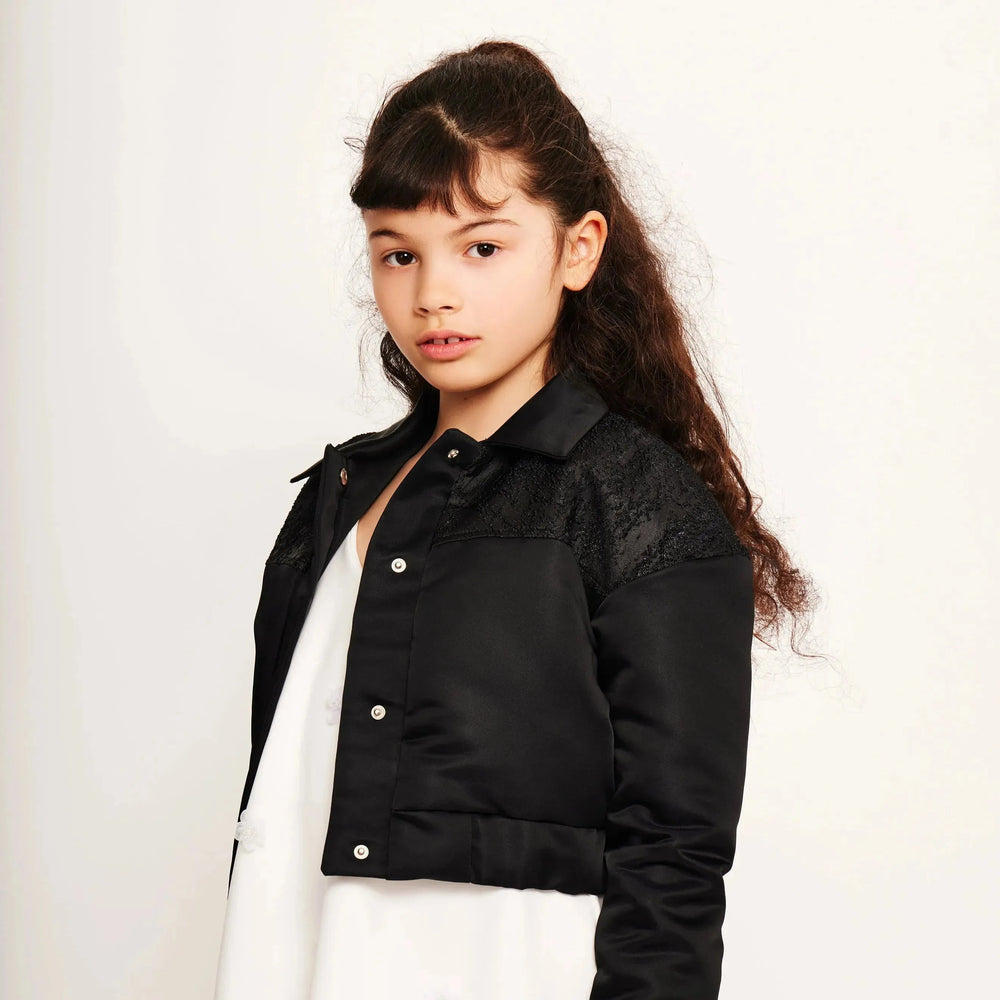 Cropped Varsity Jacket with Jacquard Contrast - Panther Black Jacquard