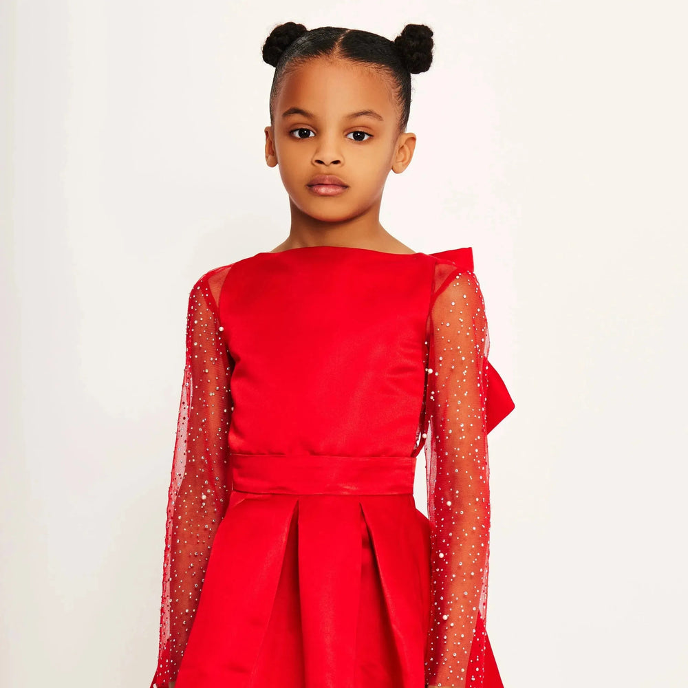 Embellished Skater Dress - Cherry Red Satin