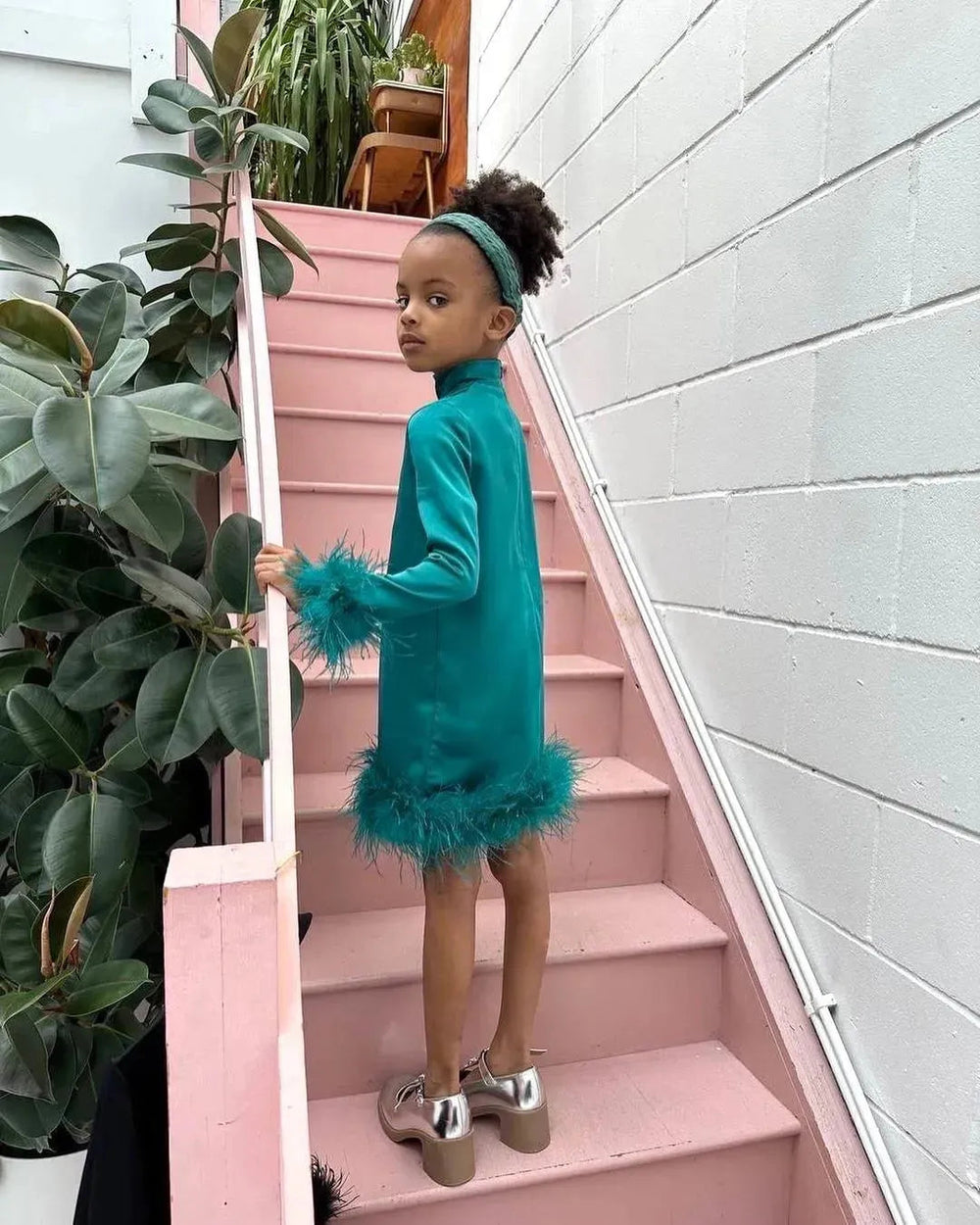 Satin High Neck Feather Dress - Green Ostrich