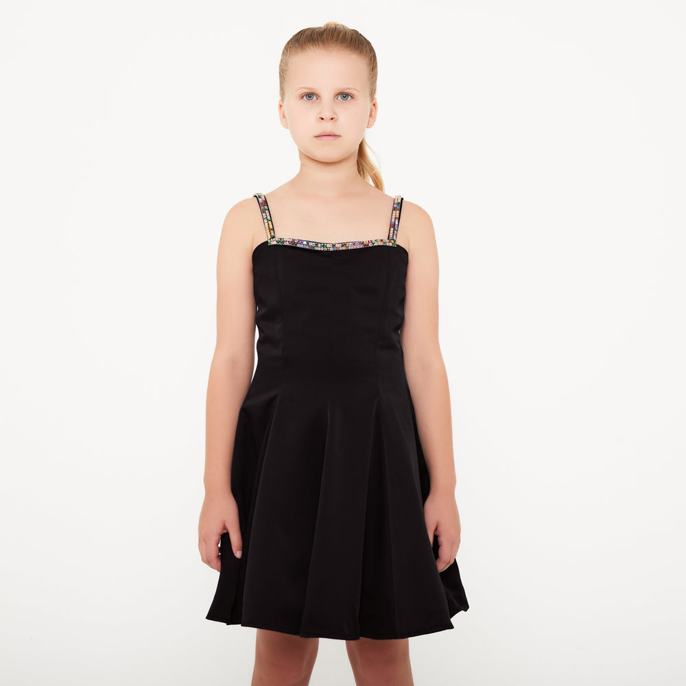 Rhinestone Strap Dress - Black Satin