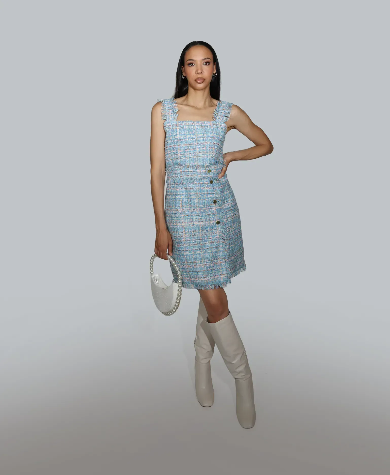 Women s Sleeveless Tweed Dress with Button Detail