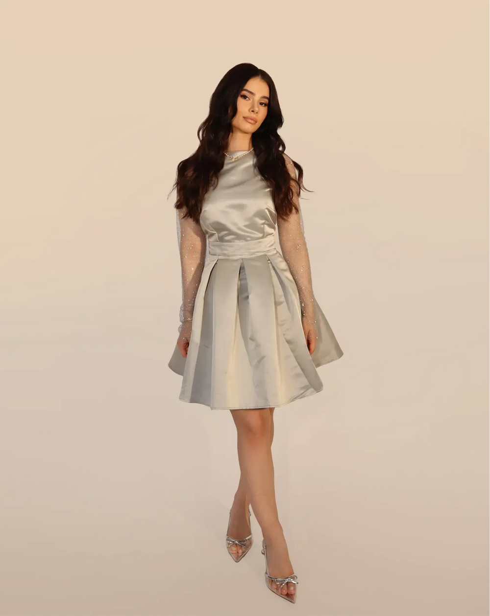 Women's Embellished Skater Dress - Silver-Grey Satin