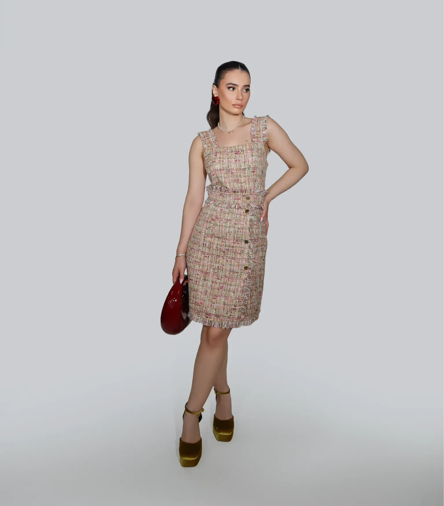 Randy Asymmetry buckle tweed dress Randy Asymmetry buckle tweed dress
