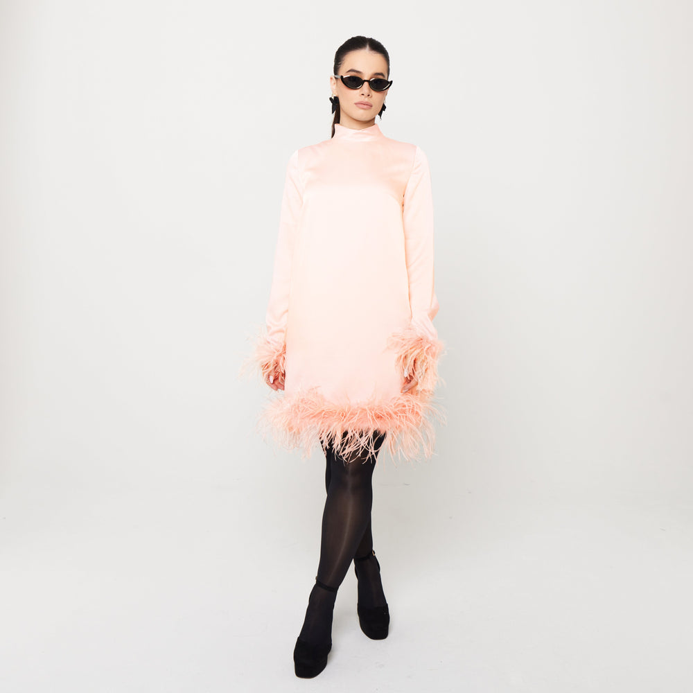 Women's Satin High Neck Feather Dress - Peach Ostrich