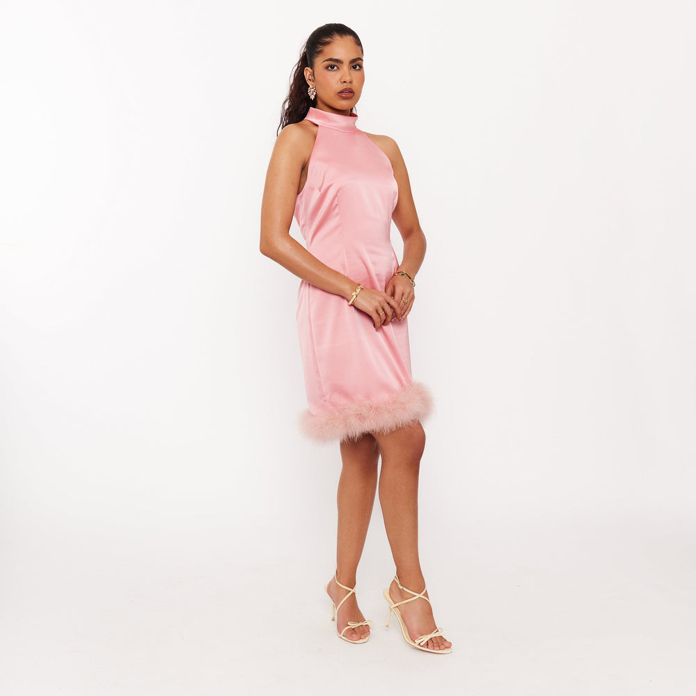 Women's Sleeveless High Neck Feather Dress - Peach Rose Satin