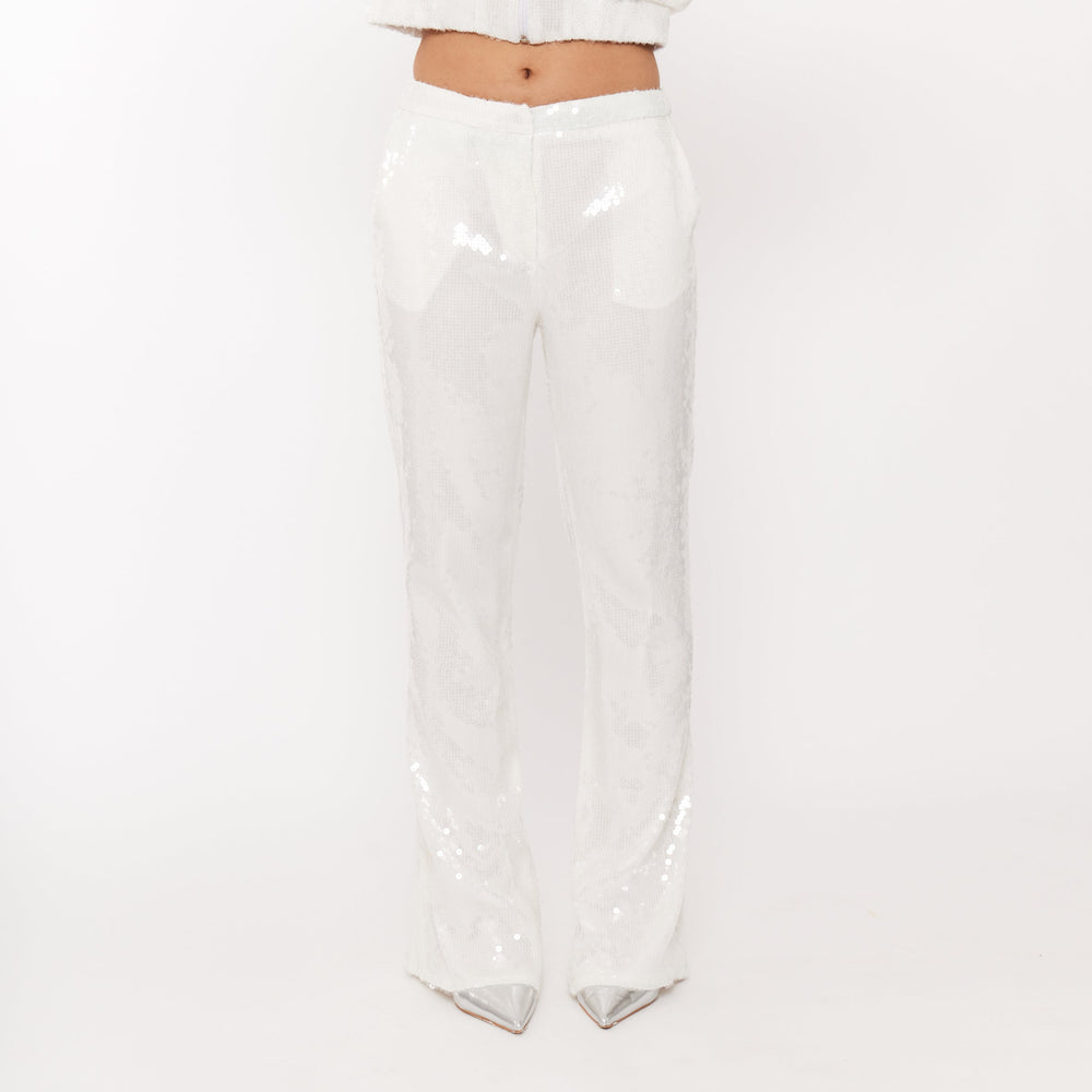 Women’s Sequin Trousers with Split Hem - vanilla-white-sequin