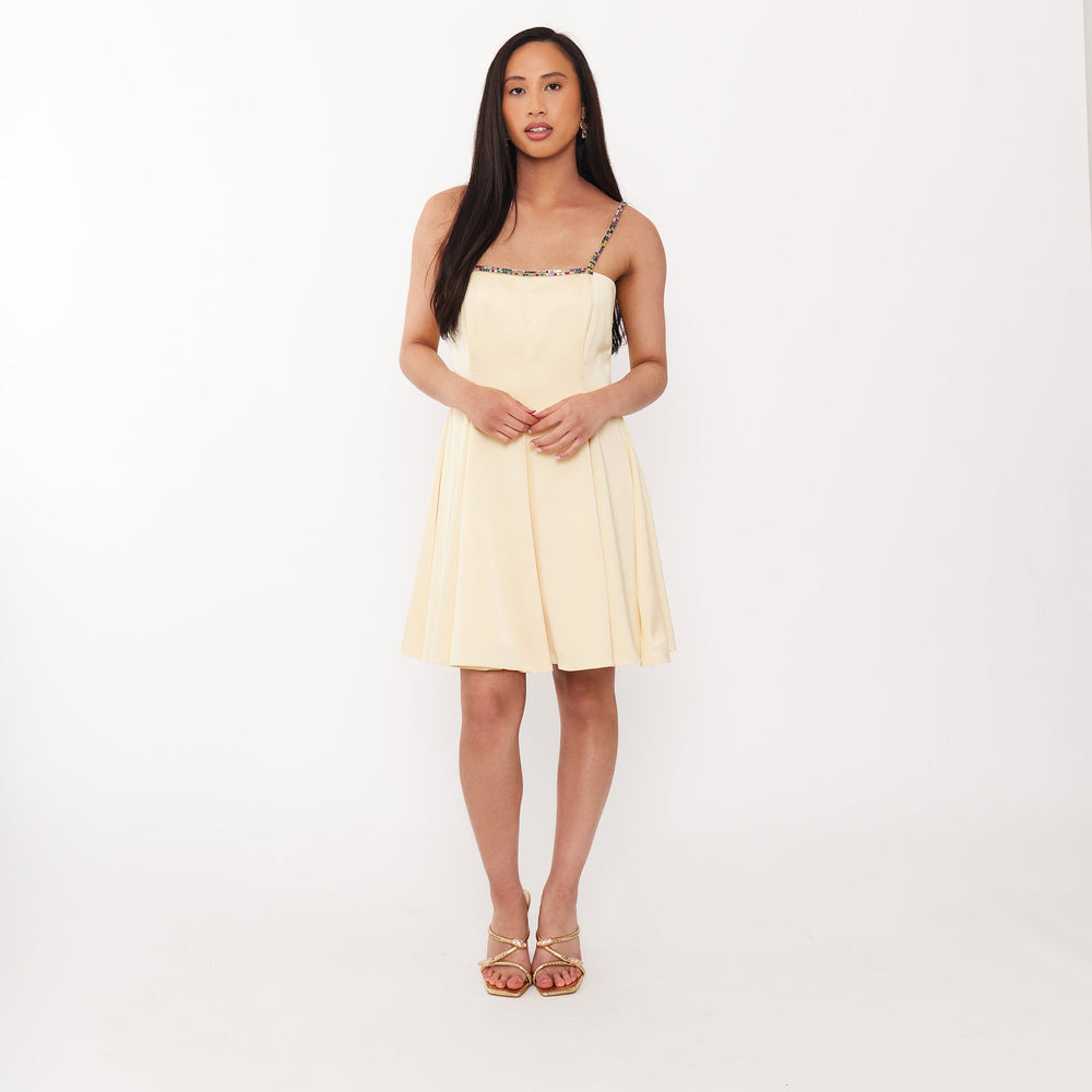 Women’s Rhinestone Strap Dress - Butter Yellow Satin