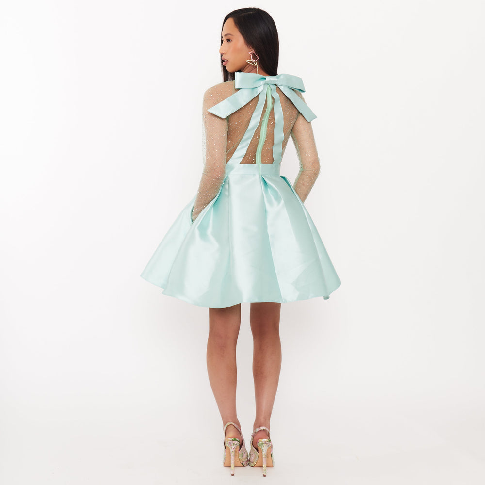 Women's Embellished Skater Dress - Embellished Dusty Teal Satin