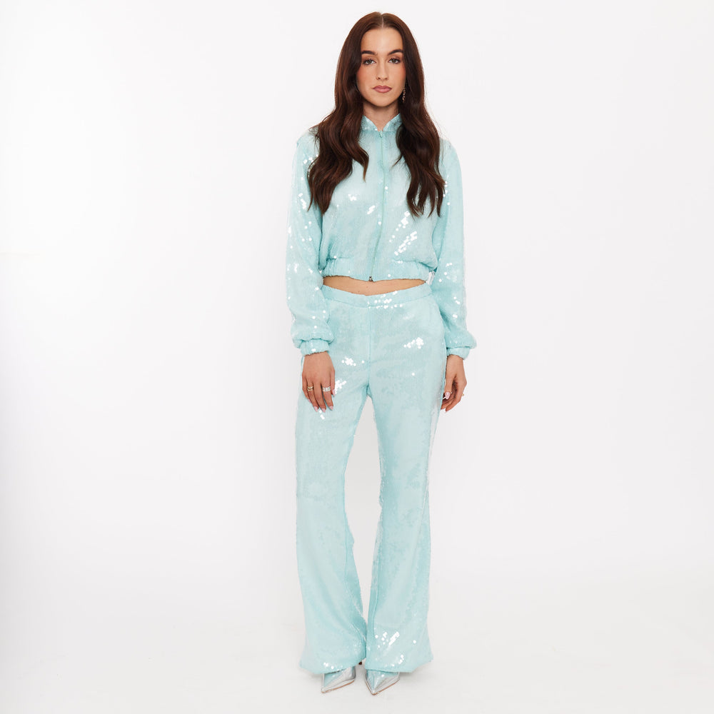 Women’s Sequin Trousers with Split Hem - dusty-teal-sequin