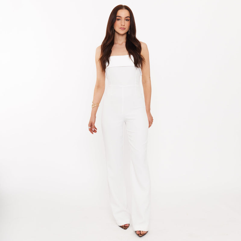 Women's Jumpsuit with Rhinestone Straps - Vanilla White Jumpsuit