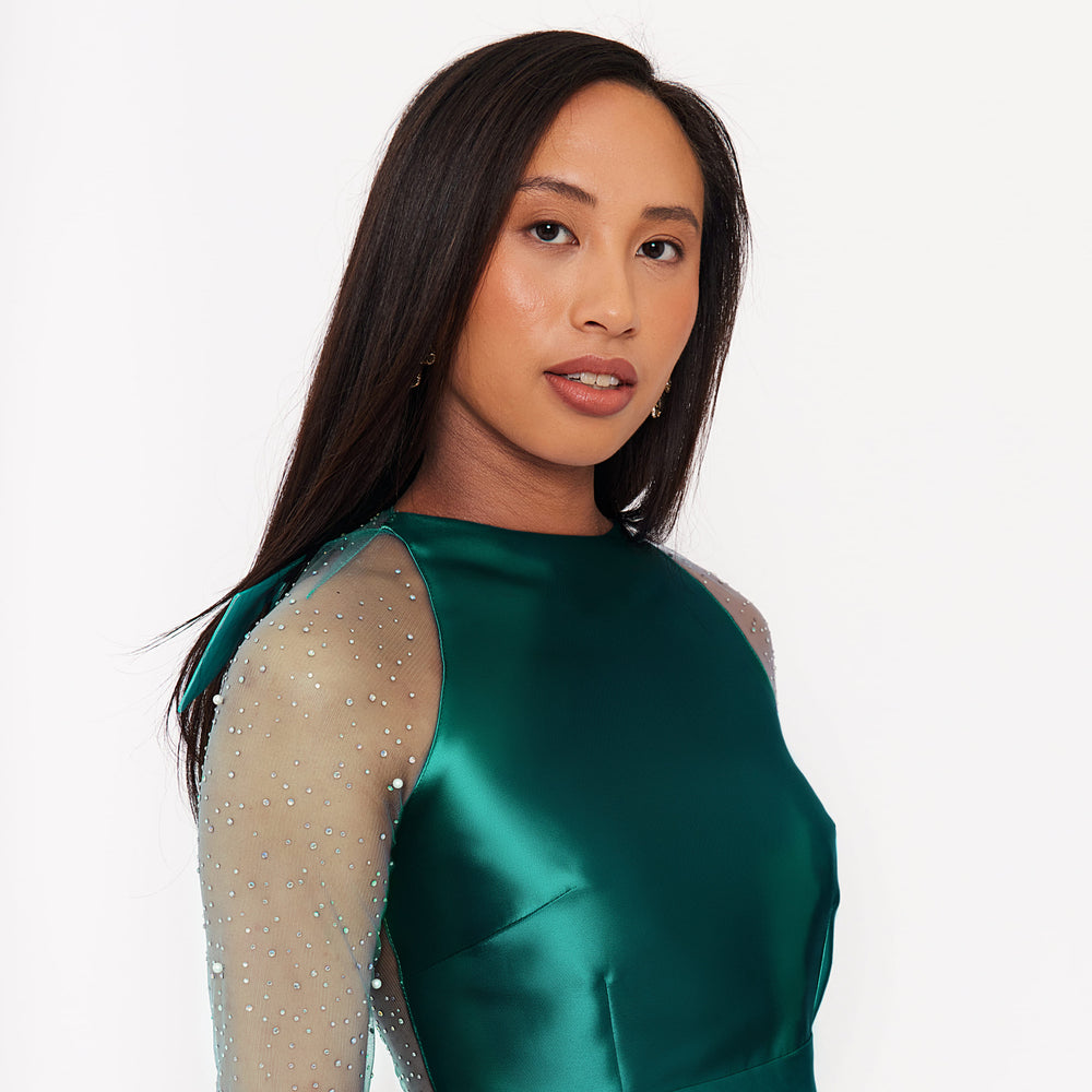 Women's Embellished Skater Dress - Forest Green Satin