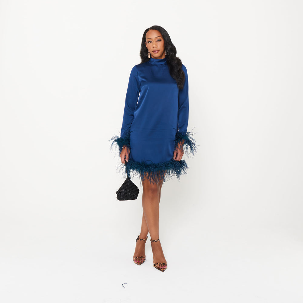 Women's Satin High Neck Feather Dress - Navy Ostrich