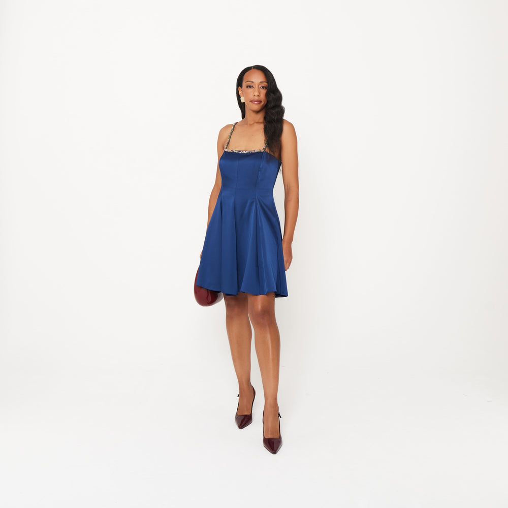 Women’s Rhinestone Strap Dress - Navy Satin