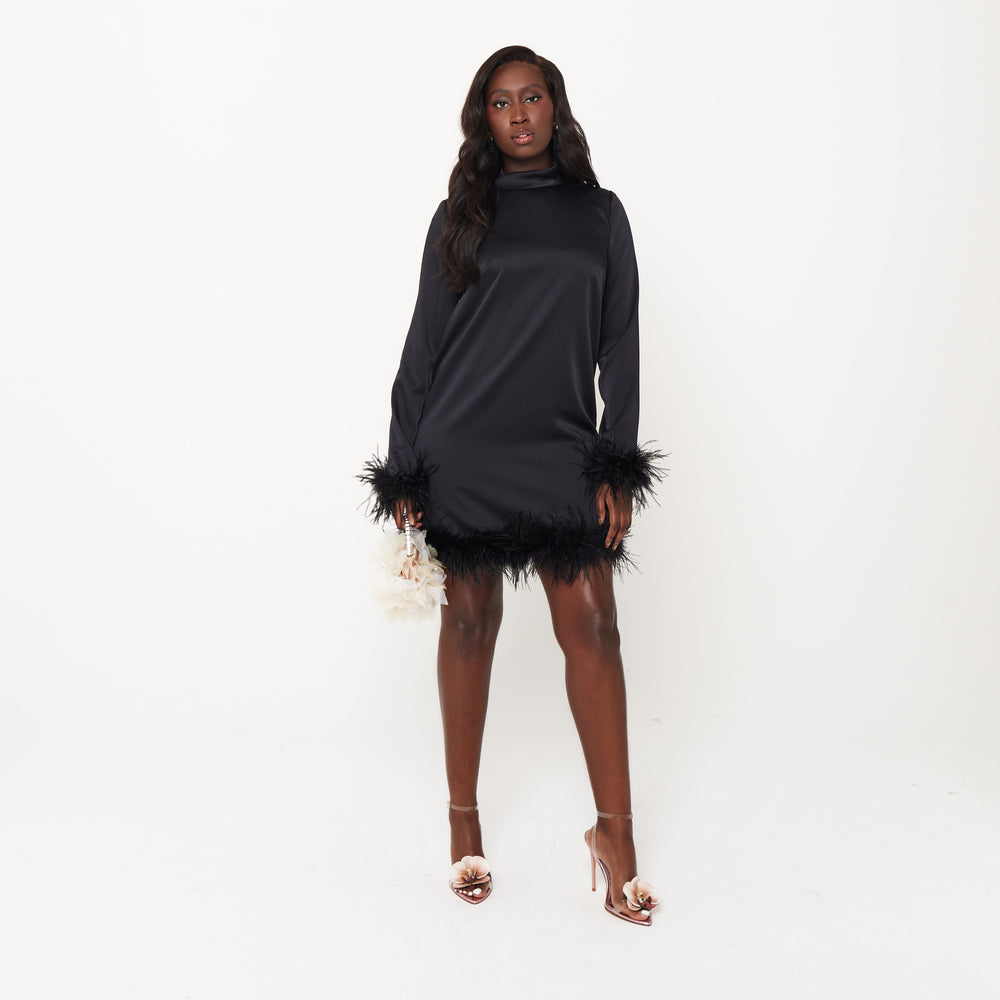 Women's Satin High Neck Feather Dress - Black Ostrich