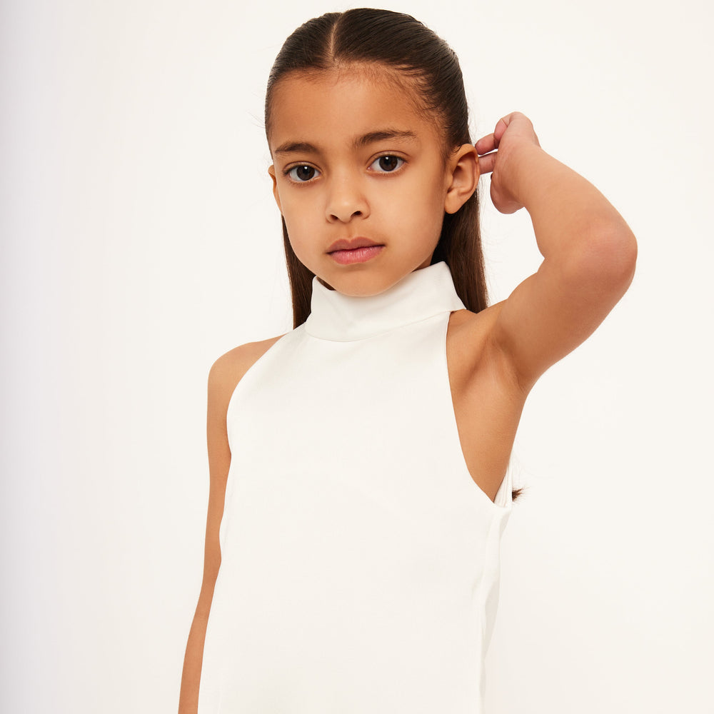 Satin Sleeveless High Neck Feather Dress - Vanilla White Satin